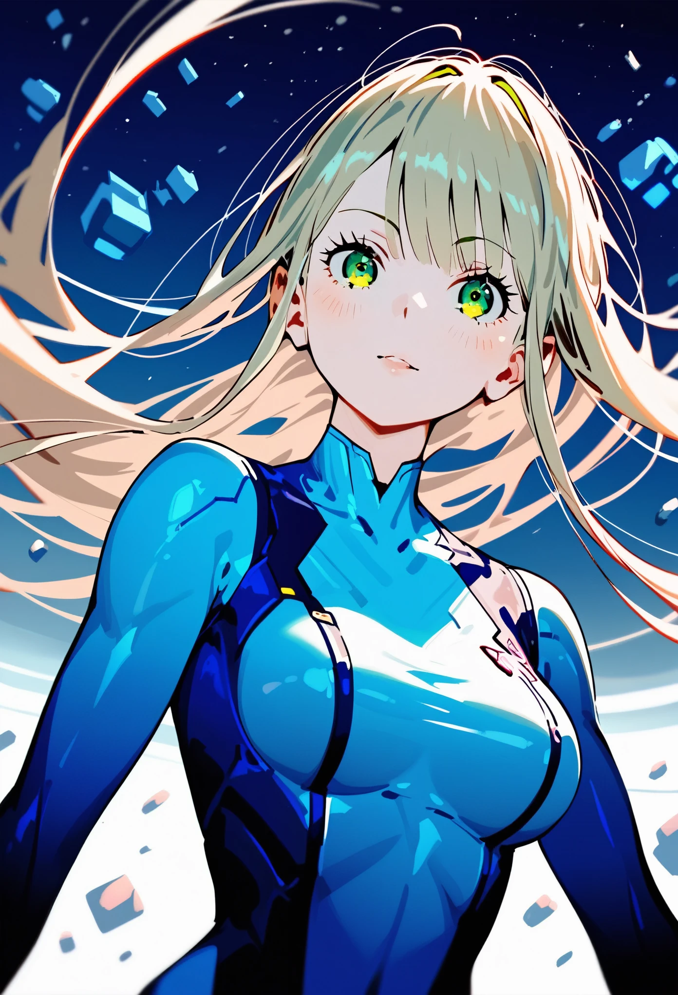 (best quality),female,Samus aran,blond hair,green eyes,zero suit,light blue body suit,upperbody,night city,Science fiction,ultra-detailed,sharp focus,aesthetic, score_9, score_8_up, score_7_up,source_anime,