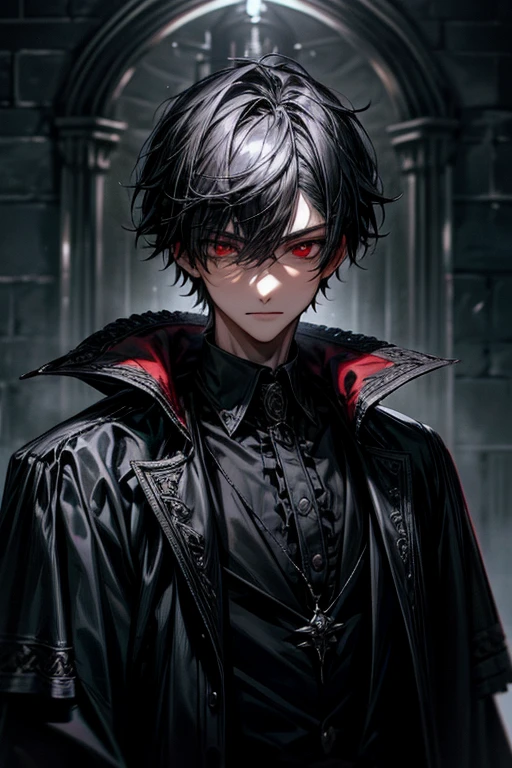 1male,he is a king,background is in a castle, short black hair,red eyes, gothic clothes, black and silver clothes, handsome,intelligent,handsome eyes,upper body