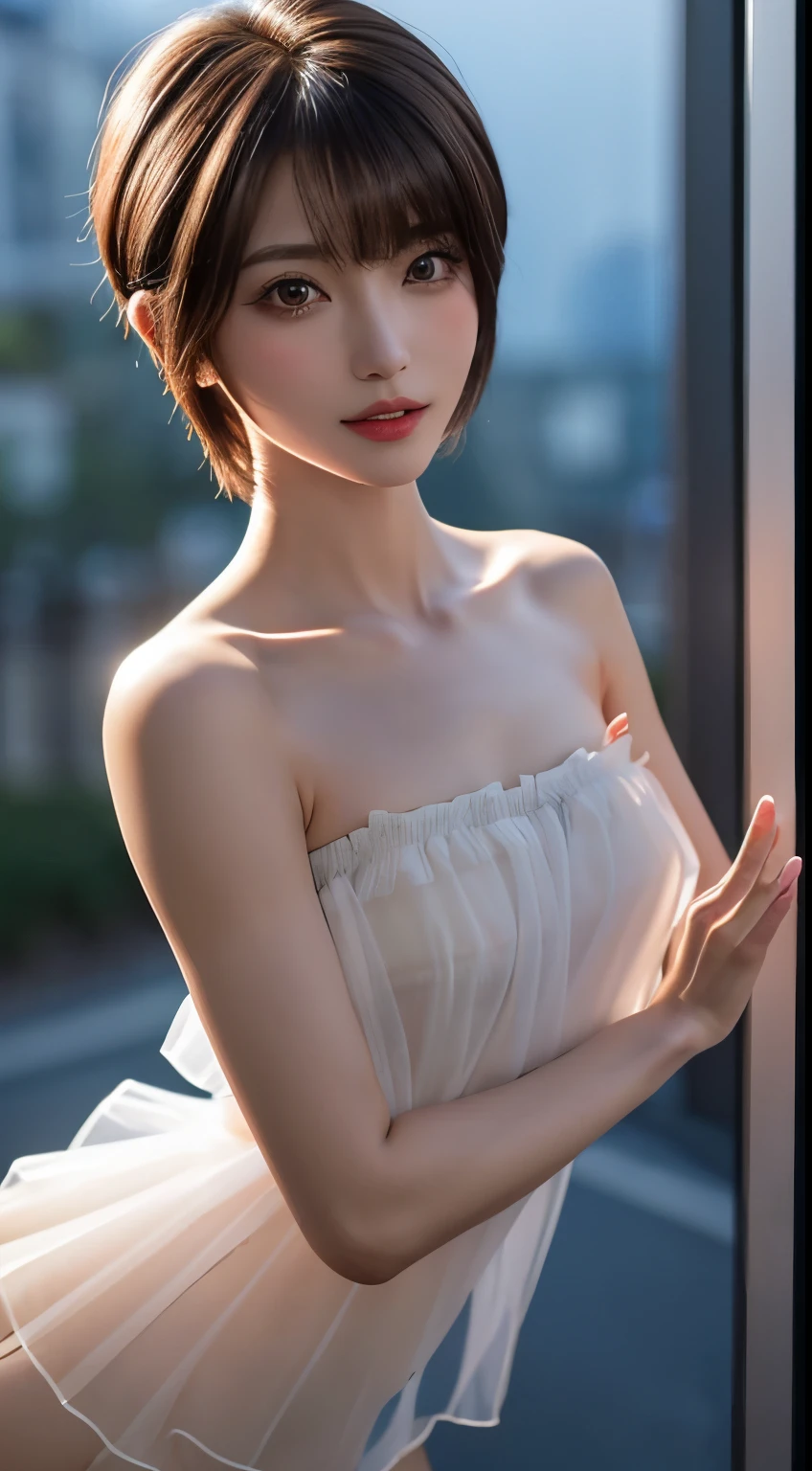 masterpiece, beautiful girl, Brown eyes、A beautiful, goddess-like smile、((Lighting the face:1.5)、((No underwear:1.9))、Exposed armpits:1.4、detailed, Beautiful Eyes, (Wear a revealing, thin, transparent, strapless camisole:1.7)、(Brown short bob cut:1.5)、highest quality, 超A high resolution, (reality: 1.4), Original photo, One Girl, Cinema Lighting, (Laughter:0.6), Japanese, Asian Beauty, Korean, Proper, Truly beautiful, A slightly younger face, Beautiful skins,Orange Hair、 slim and small breasts, Wear a strapless camisole that flatters your figure:1.6、Night view background, (超reality的な), (Raise awareness), (High resolution), (8k), (非常にdetailedな), (The best Raise awarenessns), (Beautiful and detailed eyes), (超detailedな), (wallpaper), (detailedな顔), Looking at the audience, 細かいdetailed, detailedな顔、Deep Shadow、Inconspicuous、Pure erotic face ace_v1、46 point diagonal bangs、Look straight ahead、I can see her small breasts, Flat Chest、Brown eyes、