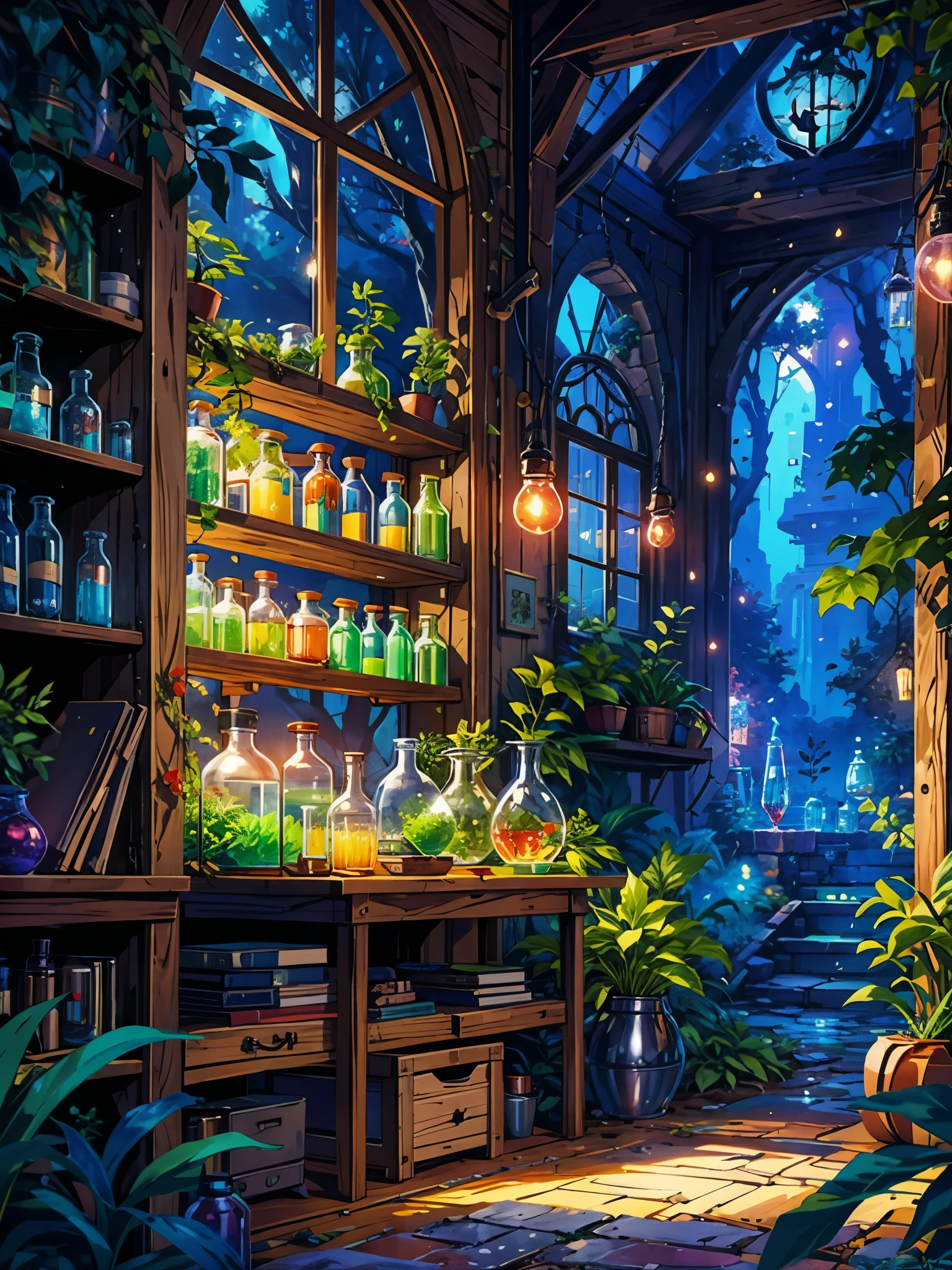 a room filled with lots of bottles and plants, fantasy alchemist laboratory, magic lab background, laboratory background, magic laboratory setting, mysterious laboratory, lab background, alchemy laboratory, plants in scientific glassware, alchemist lab, secret lab, laboratory, lab, science lab, alchemist library background, magical botanic, smoky laboratory, studio ghibli environment, anime nature wallpap