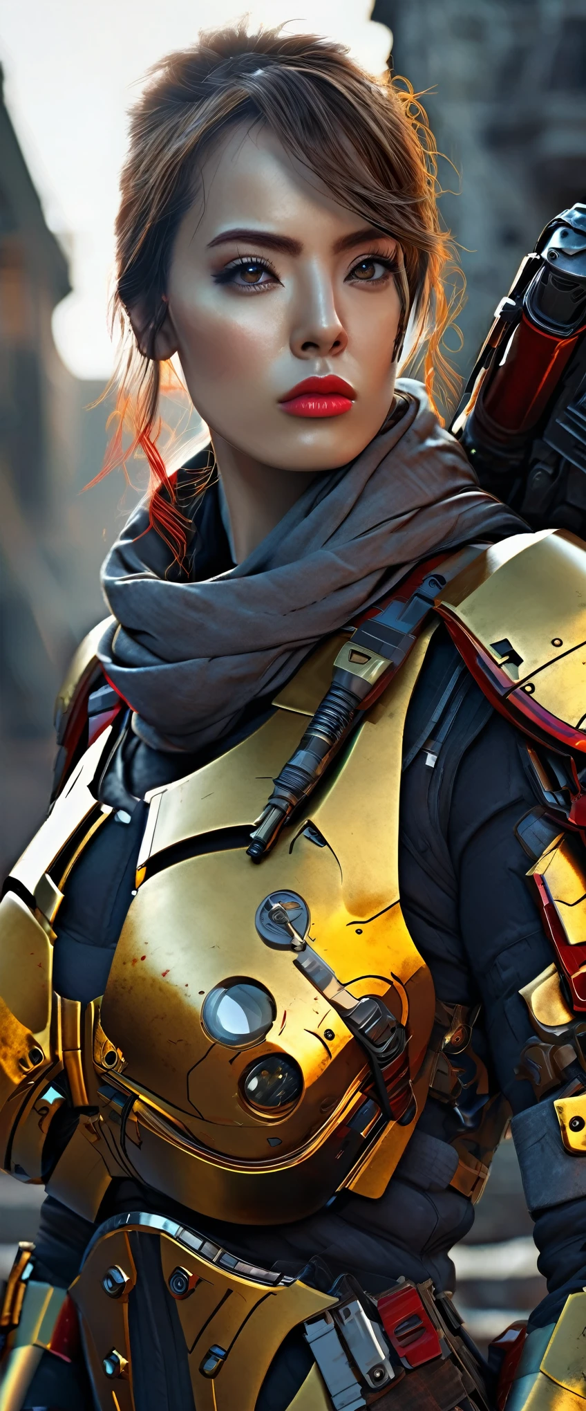 a sister of battle, beautiful detailed eyes, beautiful detailed lips, extremely detailed eyes and face, long eyelashes, lovely woman, tight powered armor combat suit, gold and red color scheme, big dangerous gun, scouting a war torn ruined gothic city, trending on artstation, hyper detailed, 8k, intricate, exquisite, masterpiece, cinematic lighting, moody atmosphere, dramatic, photorealistic, sharp focus, physically-based rendering, ultra-fine painting, vibrant colors