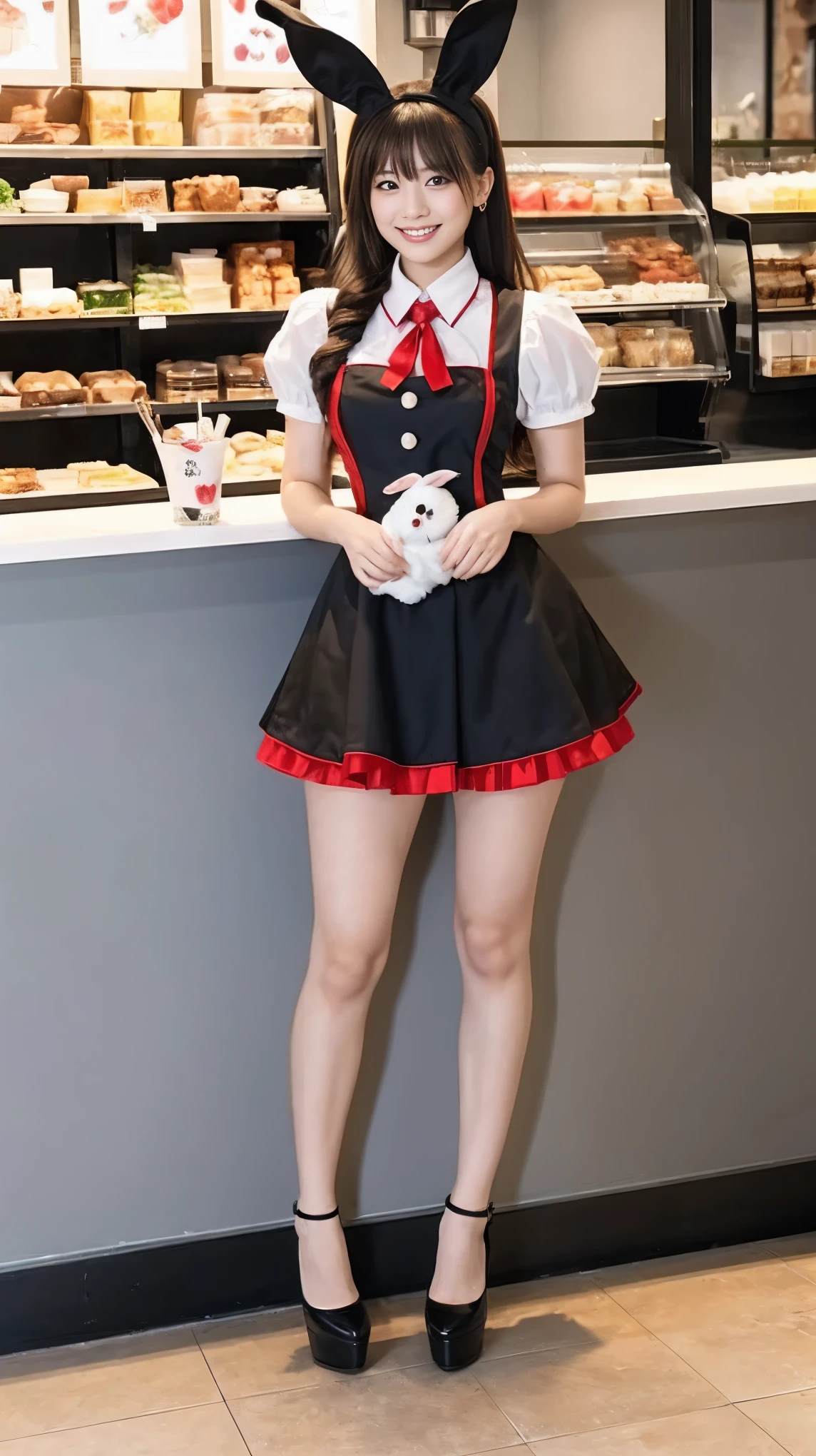 A bunny girl in a red maid outfit working at a maid cafe:1.5,The best smile:1.5,Full Body Shot:1.5,Gray background:1.5,Wearing black high heels:1.5,