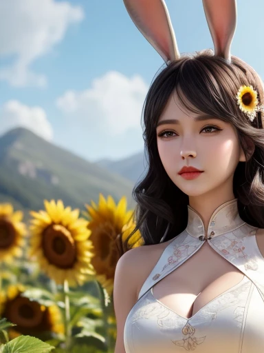 high quality digital art, Happy, red lips, long Black Hair, Long wavy hair, Bangs, straight Bangs, Brown eyes, White skin, Red nails, Perfect face, Flawless, Clean, masterpiece, (((sharp))) ((focus)) (Instagram) (8K) masterpiece, Very beautiful dress, Detailed tracking, pink accents, Digital Painting, external, sunflower field, Rich lighting details, light, high quality, a 数字 masterpiece, best quality, Very high resolution, Mountains, Windy day, sunflower petals, straw hat, Cloudy sky, sun, Wind, sunflowers, Detailed background, Large area, Rustic feel, Intricate details, glow, shiny hair, Black Hair, Loose hair, skin shiny, Dynamic atmosphere, Windblown hair, A girl,whole body, Black Hair,Rabbit ears