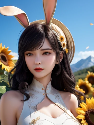 high quality digital art, Happy, red lips, long Black Hair, Long wavy hair, Bangs, straight Bangs, Brown eyes, White skin, Red nails, Perfect face, Flawless, Clean, masterpiece, (((sharp))) ((focus)) (Instagram) (8K) masterpiece, Very beautiful dress, Detailed tracking, pink accents, Digital Painting, external, sunflower field, Rich lighting details, light, high quality, a 数字 masterpiece, best quality, Very high resolution, Mountains, Windy day, sunflower petals, straw hat, Cloudy sky, sun, Wind, sunflowers, Detailed background, Large area, Rustic feel, Intricate details, glow, shiny hair, Black Hair, Loose hair, skin shiny, Dynamic atmosphere, Windblown hair, A girl,whole body, Black Hair,Rabbit ears