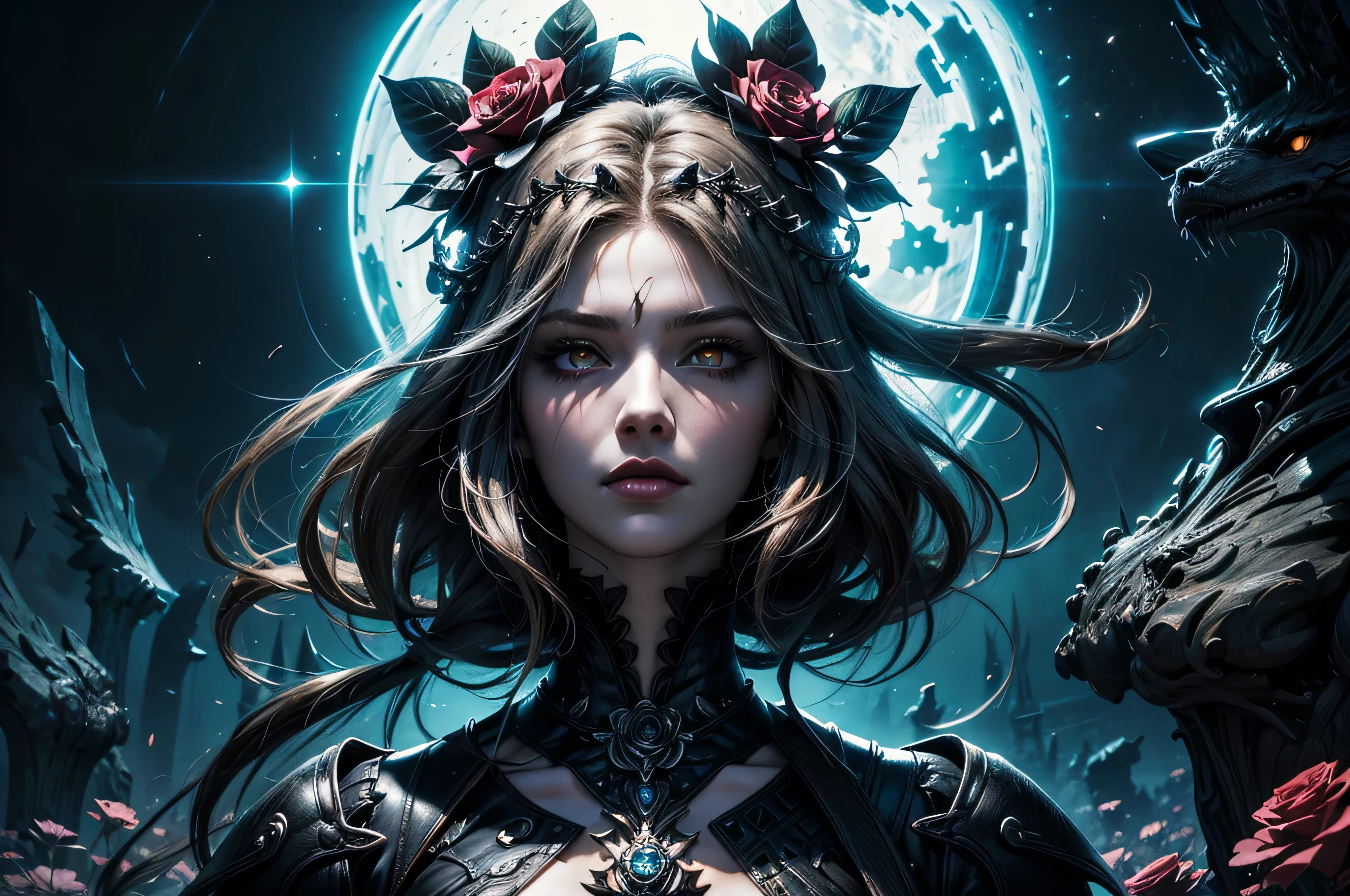 On night graveyard with blooming black roses there stand grim reapper female,  she have pale skin beatiful face features bright yellow eyes, dark suductive make up, her long hair have two colours half is black half is silver, she dreesed in long gorgeous gohtic dress high leather boots, she holding withered rose bouquet in he hands, (ultra high quality fantasy art, dark fantasy style, masterpiece, ultra high quality character design, 8k quality anime art, realistic anime art, top quality wallpaper illustration, detailed ultra high quality accurate face, high quality design and accurate physic)