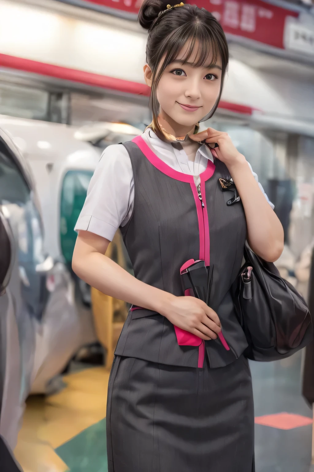 (masterpiece:1.2, highest quality:1.2), 32K HDR, High resolution, (alone、1 girl)、（At the station platform、Professional Lighting）、Background of an empty station platform、（Realistic style of JR Gran Class crew wearing uniform）、Short sleeve blouse、a scarf around the neck、（JR Gran Class flight attendant uniform with pink parts on the skirt sleeves）、（JR Gran Class flight attendant uniform with pink line on front zipper of vest）、Dark brown hair、（Hair tied up、Hair Bun、Hair Bun）、Dark brown hair、Long Shot、Big Breasts、（（Great hands：2.0）），（（Harmonious body proportions：1.5）），（（Normal limbs：2.0）），（（Normal finger：2.0）），（（Delicate eyes：2.0）），（（Normal eyes：2.0））)、Luxury Necklace、smile、Beautiful standing posture,Place your hands around your stomach