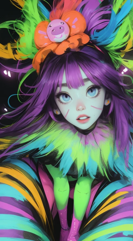 halloween theme, full body pose cute photo, front view, neon face paint, bright eyes, reflections., in the style of realistic hyper - detailed portraits, Soft color, ravecore, emphasis on detail, glow in the dark, blink - and - you - miss - it detail, eye - catching detail random angle, realistic cartoon, Une belle fille avec, UHD (ultra details) Regarder le spectateur en tenue de ville de style hip-hop; different, colourfull, long, Highly colored hair 🌈
