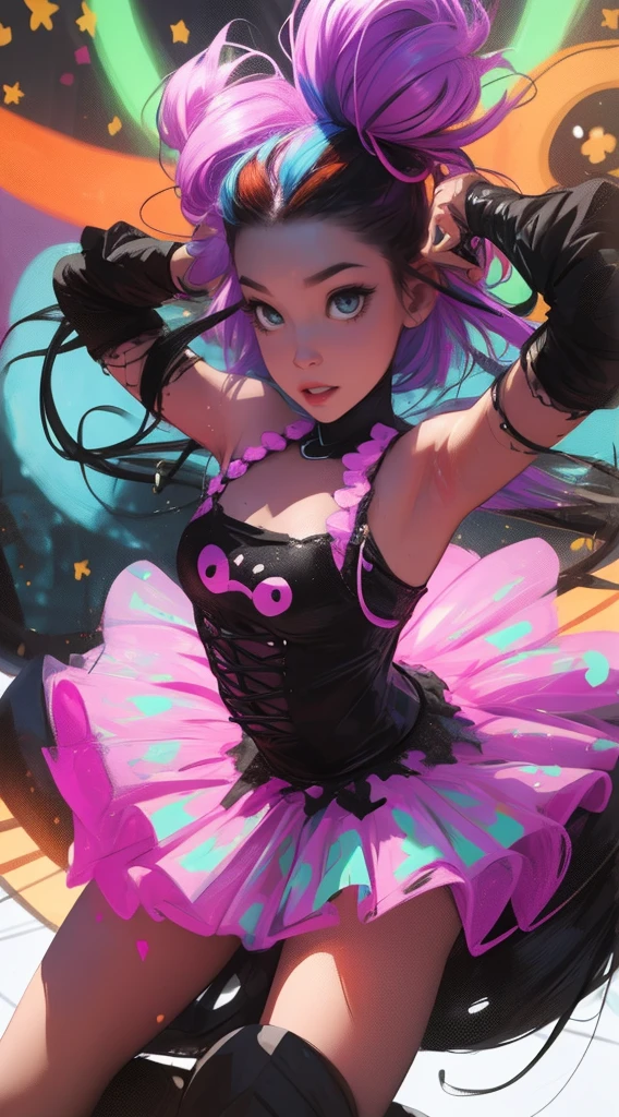 halloween theme, full body pose cute photo, front view, neon face paint, bright eyes, reflections., in the style of realistic hyper - detailed portraits, Soft color, ravecore, emphasis on detail, glow in the dark, blink - and - you - miss - it detail, eye - catching detail random angle, realistic cartoon, Une belle fille avec, UHD (ultra details) Regarder le spectateur en tenue de ville de style hip-hop; different, colourfull, long, Highly colored hair 🌈