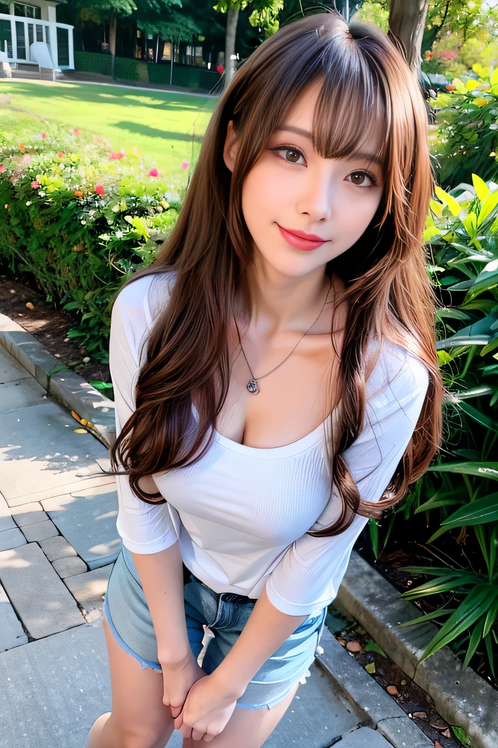((Full Body Angle))、((highest quality, 8K, masterpiece: 1.3)), concentrated: 1.2, Cute girl 1,Nipples erect、 Perfect beauty: 1.4,Cut and sewn T-shirt Raglan sleeve summer short sleeve T-shirt.Shorts: 1.2,Long sleeve、Randall Color、comics&Text Graphics、Black ruffle-trimmed drawstring zip blouse,1.1, Highly detailed face and skin textures, Fine grain, double eyelid, whitening skin, ,highest quality,Ultra-high resolution,you,1 girl,alone,_Shiny_skin,Iris,necklace,((Brown_length_Wavy_hair)),(lips)),eyelash,Front hair,deal with,compensate,Shiny,pore,skin texture,Large Breasts、smiling face、((Front hair:1.2))、stroll、garden、
