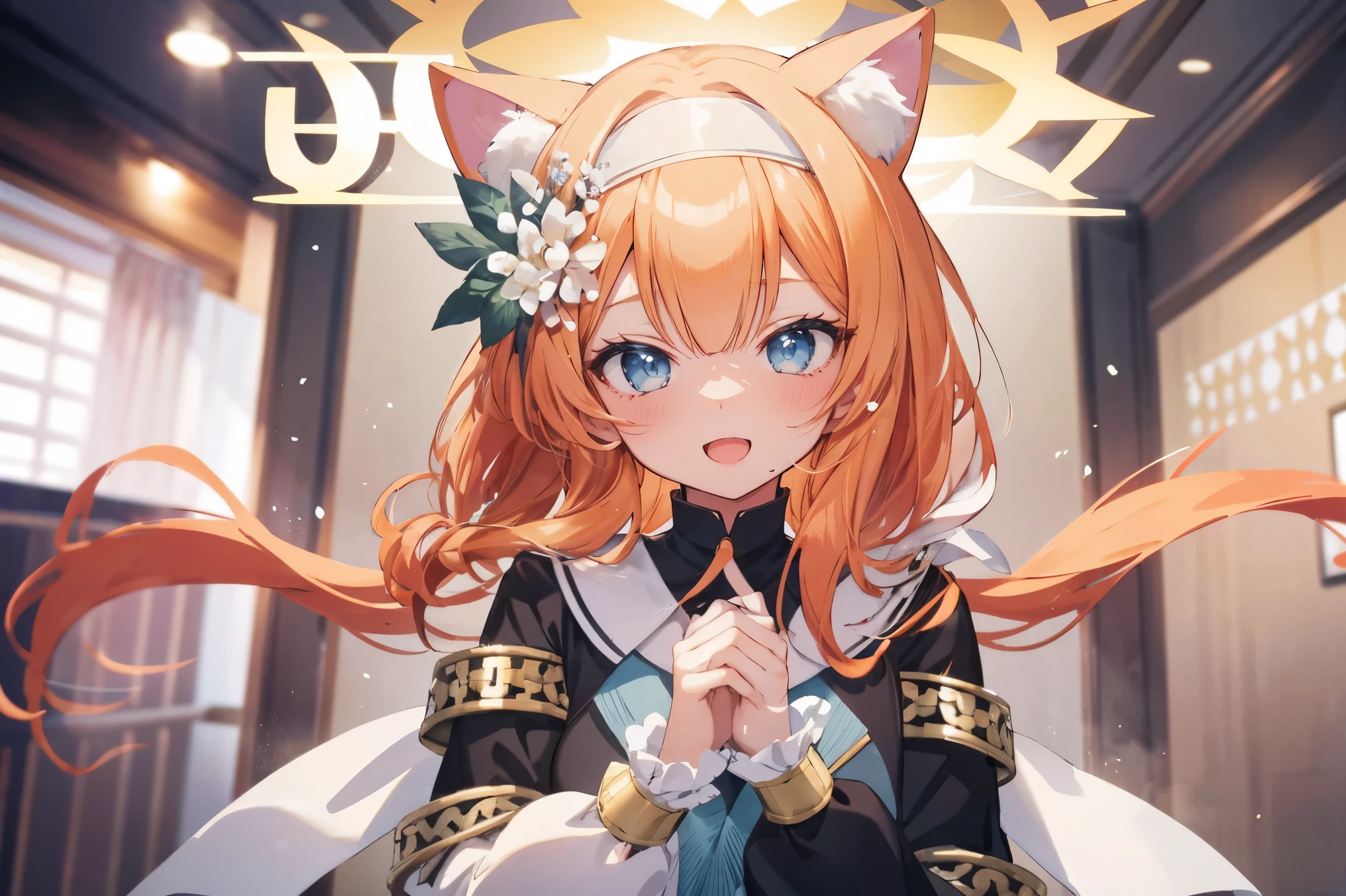 Marie、masterpiece、Best image quality、最high quality、1 person、girl (Open Mouth Smile), independent , Looking into the camera, masterpiece, Anime art style, Cute Characters, Most detailed, high quality、Shiny Hair、Very fine and beautiful bright eyes、nose blush、spoken heart、Very detailed, clear and beautiful face, Awards, (((Anatomically correct)))、Orange Hair