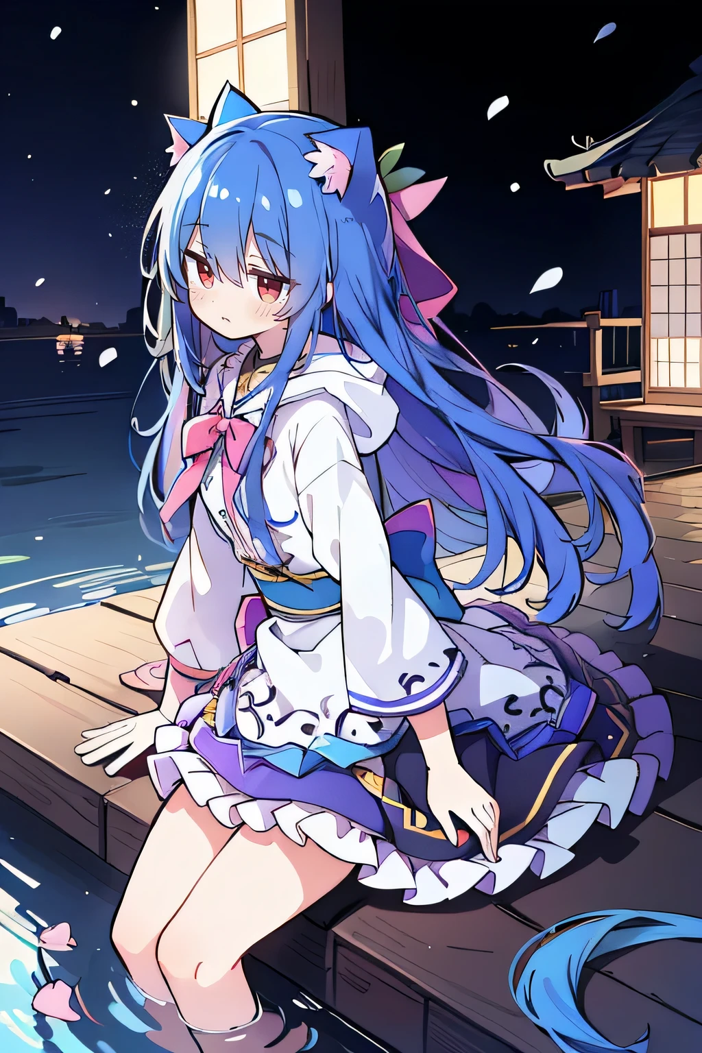 (masterpiece:1.2),Super detailed,lifelike,Expressive eyes,fair skin,perfect face shape,1 girl,
Japanese comics,Gorgeous blue hair,flowing blue hair,flowing clothes,Cat ears,Petals fall,beautiful lola,Baby Angel,
Shaking head with one hand,Cross your legs,Gentle and peaceful background,The pavilion is cool and comfortable,smile, wearing hoodie, background of tokyo,back views,snowing, winter,lie on the water.