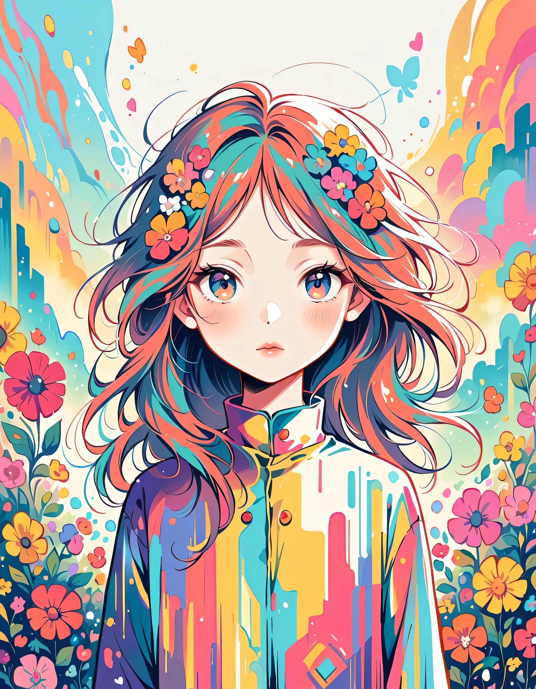 Watase Seizo style, Standing in front of a high wall，Simple Line Initialism，Abstract art，Urban Background, (((The most beautiful girl))), Lips in Love, colorful flowers