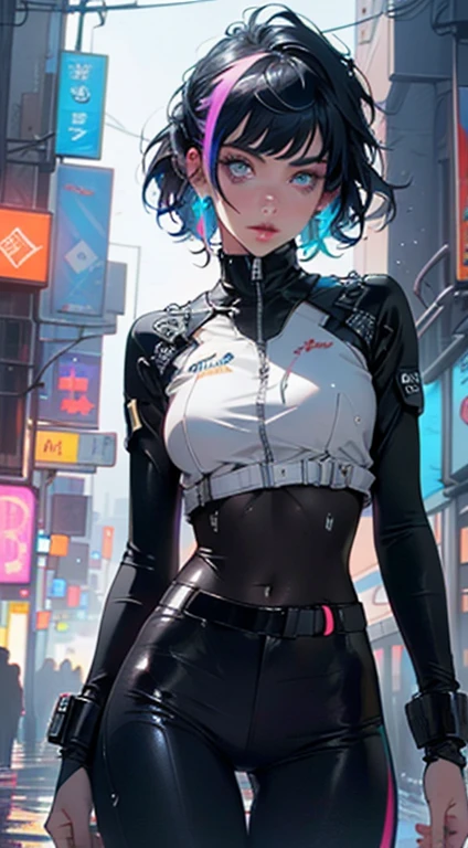 Woman 30 years (Dua Lipa pov), short hair, white hair, lip filler, sexy lips, big lips, tight closed black tank-top, cibernetic accessories, unbuttoned cyberpunk white jacket, black cibernetic bodysuit, black large pants, beautiful, small breasts, sensual pose, blue eye, neon lights, cyberpunk, small butt, backlight, wet skin, cyberpunk girl, crystal clear eyes, Face Paint, ((streaked hair)),(Gradient color eyes),(((colorful eyes))), ((hair bangs:1.3)),((bangs)),(((neon rainbow eyes:1.3))),intricate eyes,beautiful detailed eyes,symmetrical eyes,((fat)),(((lustrous skin:1.5,bright skin: 1.5,skin tanned,shiny skin,very shiny skin,shiny body,plastic glitter skin,exaggerated shiny skin,illuminated skin,wet legs))),(spider lower abdomen,narrow waist,wide hip,athletic body,inflated legs,detailed body,(detailed face)), cute,slutty,erotic,((nsfw)), white cyber suit,absurdres,Long legs,cleavage,(((wet clothes,intricate outfit,intricate clothes))), (hypnotized pose:1.0),hypnotized,(centered,scale to fit dimensions,Rule of thirds), cyberpunk city by the ocean at night, with bright neon signs and dark stormy clouds and puddles, scenery:1.25,nighttime, starry night, cosmos,Very dark night that makes the neon lights stand out, very bright neon lights,nighttime, starry night, cosmos, artistic photography,(photography taken by sldr),highres, sharp focus,(ultra detailed, extremely detailed), (photorealistic artwork:1.37),(extremely detailed CG unity 8k wallpaper),((synthwave background theme)),(((vibrant colors))),intricate,(intricate background),(masterpiece),(best quality),perfect rendered face,perfect face details,realistic face,photo realistic,analog style,((intricate detail)),(((realism))),