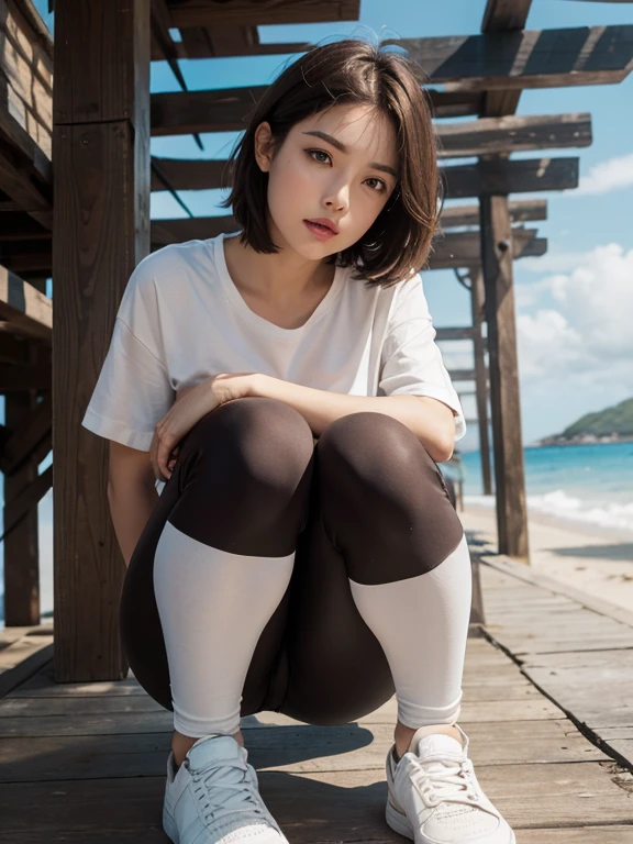 1 Girl, Solitary, breast, looking at the audience, short hair, brown hair, shirt, Brown eyes, whole body, white shirt, outdoor, Open your mouth, shoe, sky, Pants, Vague, Vague background, ocean, Squat, leggings, pier