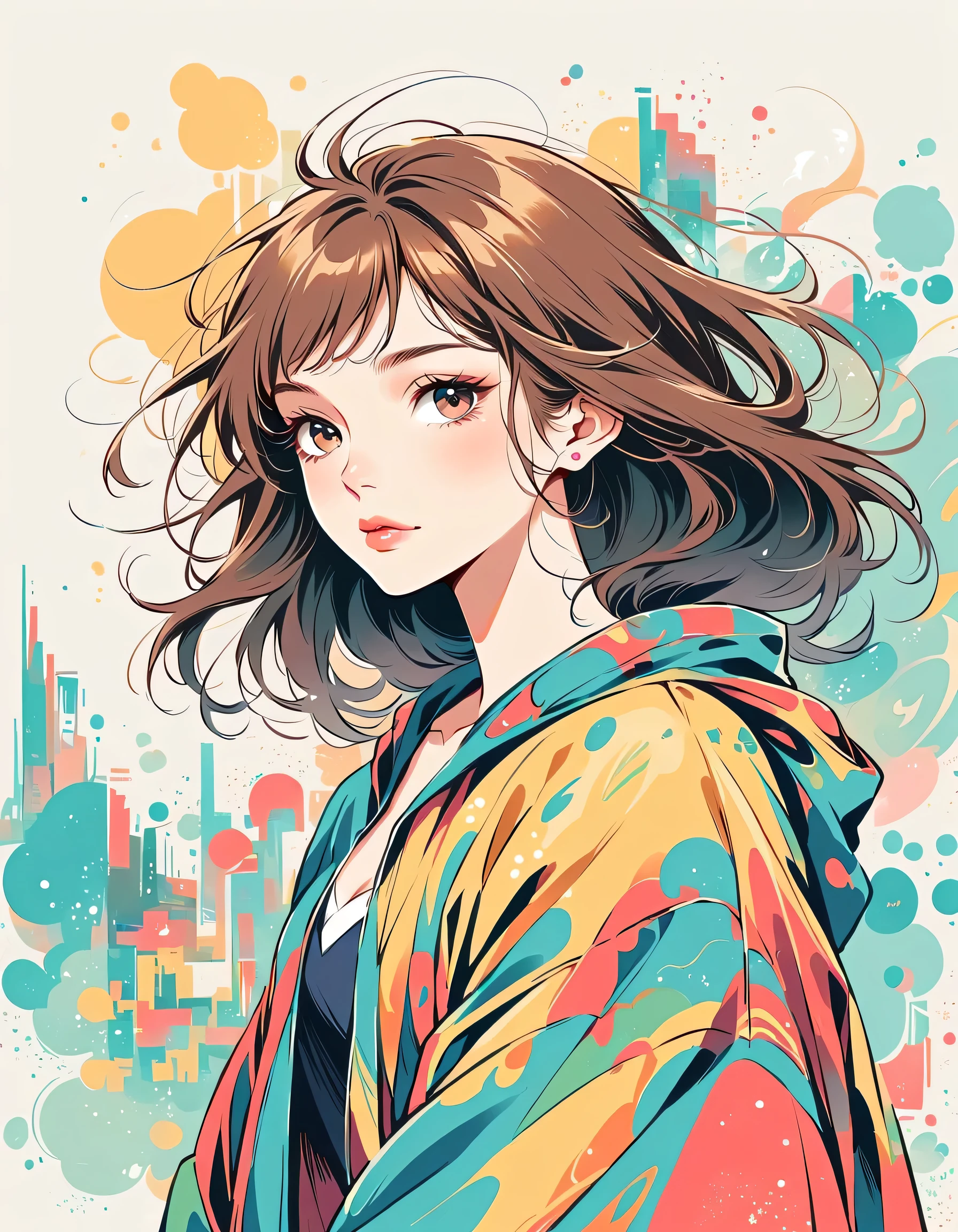 Mai Yoneyama style, Standing in front of a high wall，Simple Line Initialism，Abstract art，Urban Background, (((The most beautiful girl))), Lips in Love,