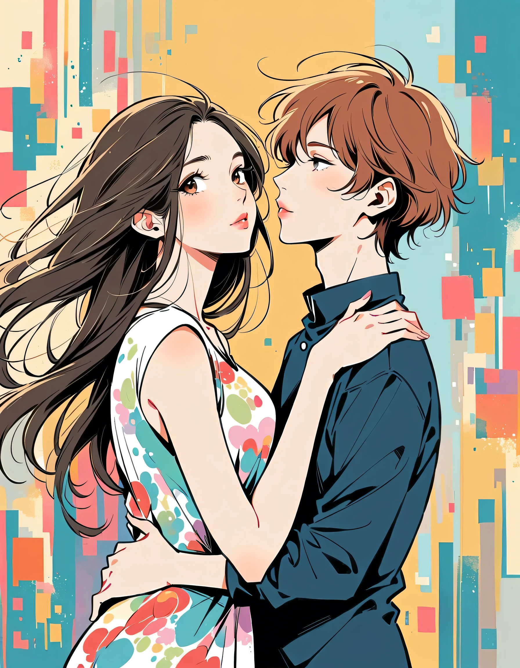 Mai Yoneyama style, Standing in front of a high wall，Simple Line Initialism，Abstract art，Urban Background, (((The most beautiful girl))), Lips in Love,