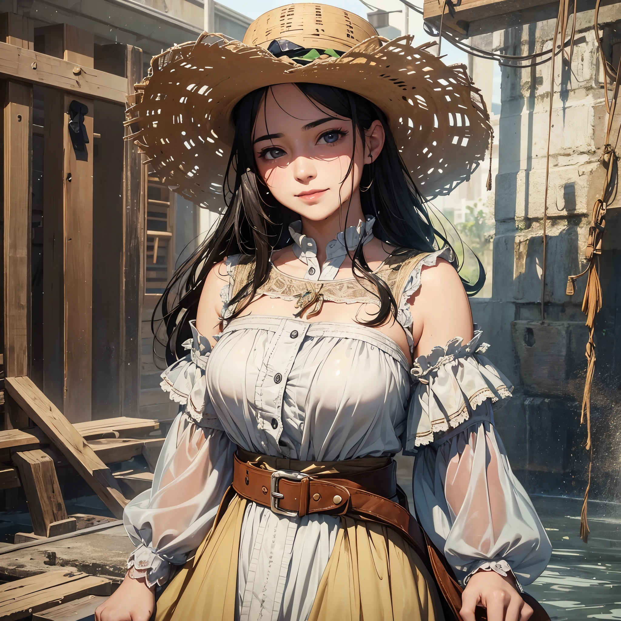 (masterpiece, best quality:1.2), cowboy shot, solo, 1girl, 27 yo peasant woman, smile, looking at viewer, peasant dress, capelet, belt, wet clothes, soaked, dripping wet, wet hair, wet skin, translucent, glistening with oil, fully clothed