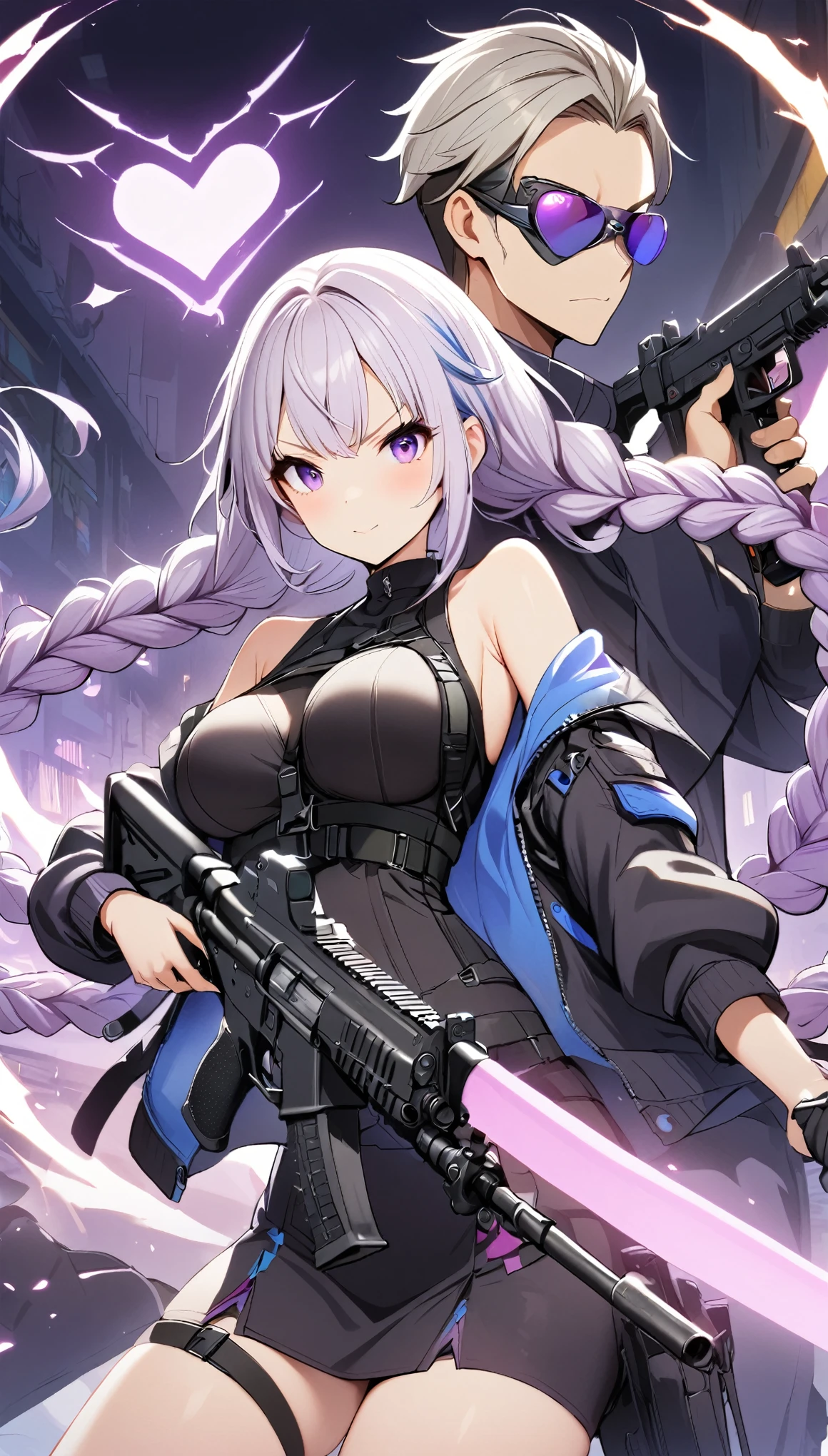 1boy,1girl,assault rifle,bare shoulders,braid,braided ponytail,breasts,energy sword,goggles,gun,handgun,heart,holding,holding gun,holding sword,holding weapon,jacket,katana,long braid,long hair,mask,multicolored hair,purple eyes,rifle,silver hair,single braid,sunglasses,sword,tinted eyewear,twin braids,very long hair,weapon