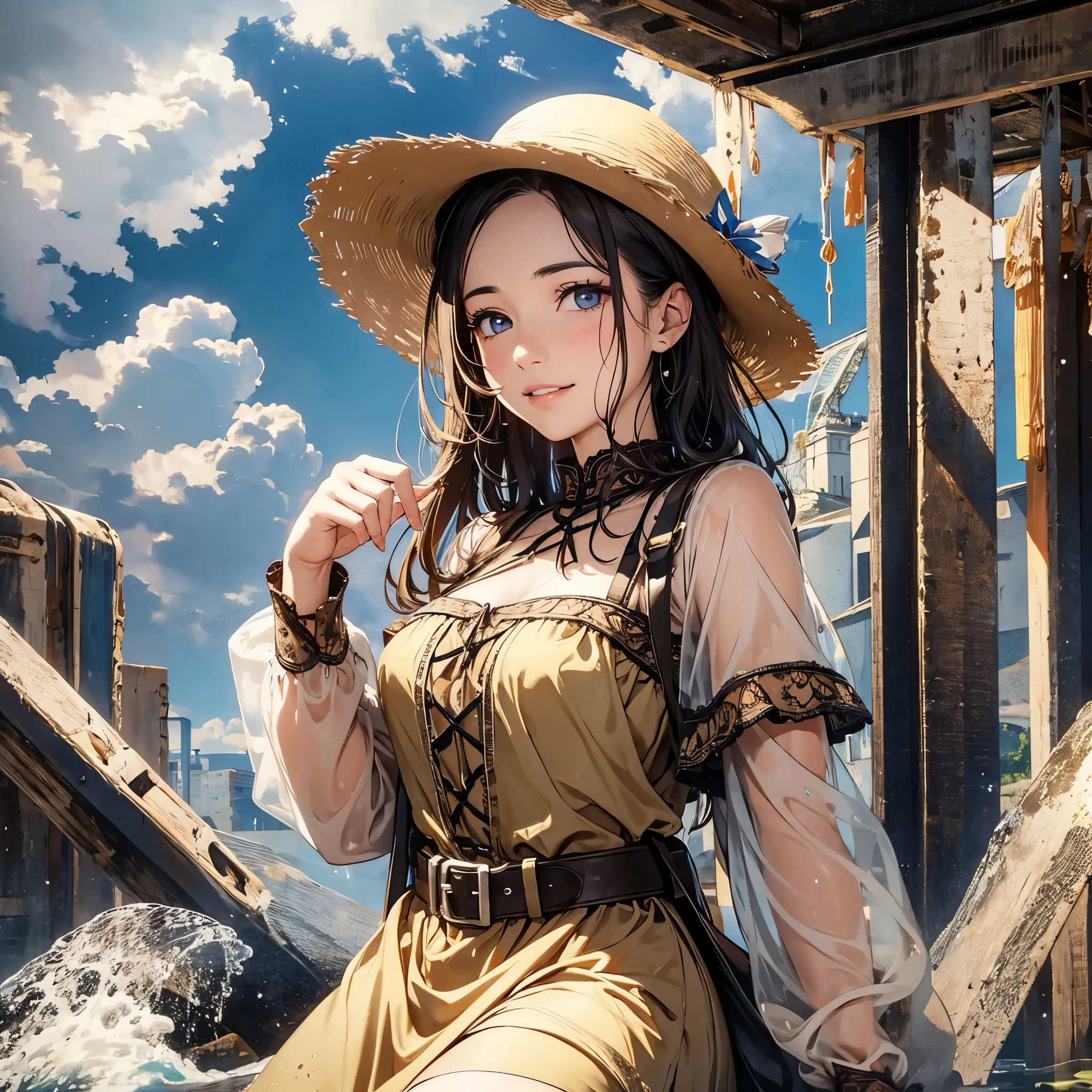 (masterpiece, best quality:1.2), cowboy shot, solo, 1girl, 27 yo peasant woman, smile, looking at viewer, peasant dress, capelet, belt, wet clothes, soaked, dripping wet, wet hair, wet skin, translucent, glistening with oil, fully clothed