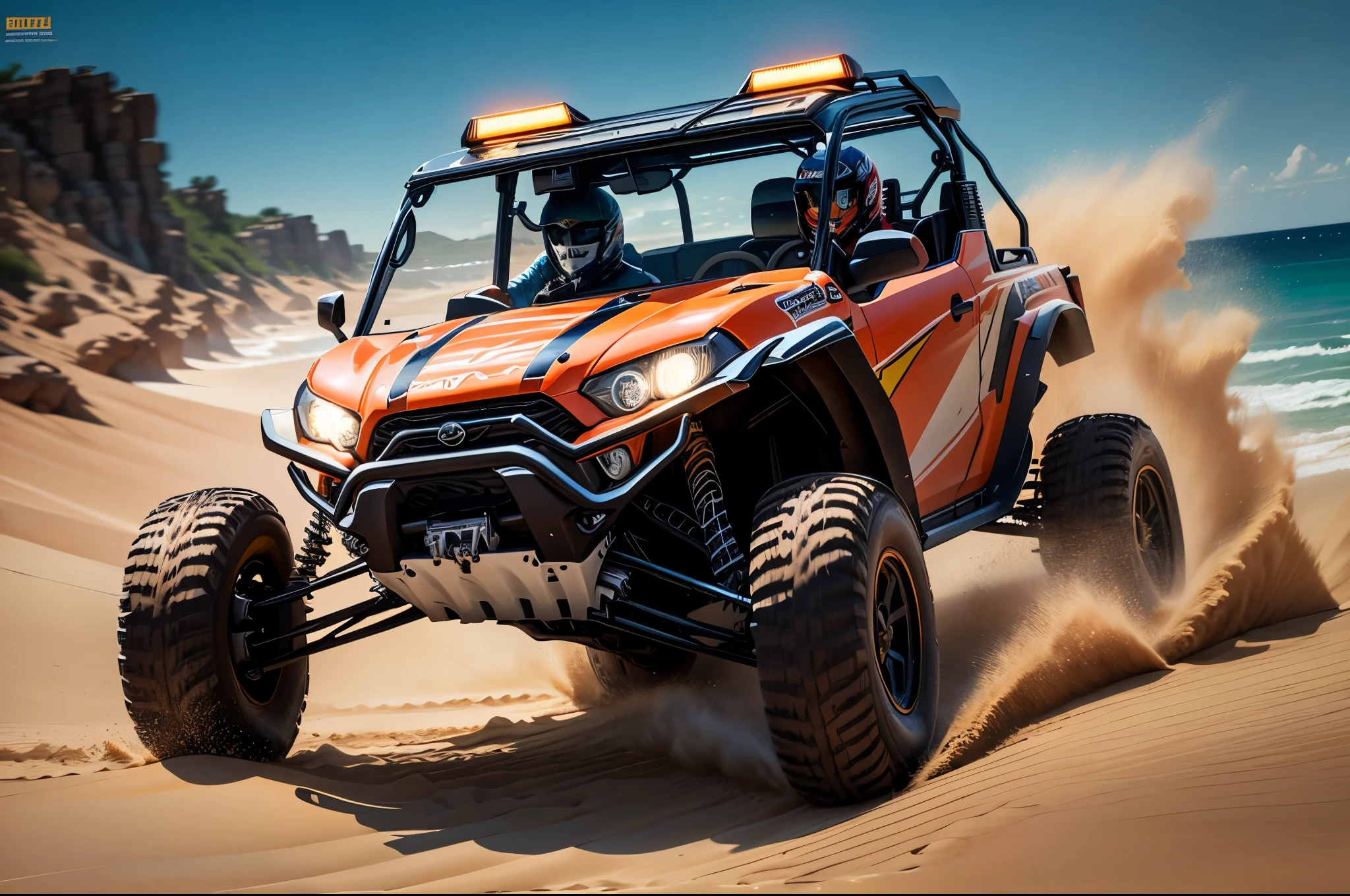 ((best quality)), ((masterpiece)), (detailed), ultra realistic action photography, a close up of a person driving a black utv in the beach with water in background at night, buggy, dune, mixed art, racing dune buggy with light bar on roof lit up, photos, sand, dynamic angled shot, high speed action, off - road, intense look, video, vehicle, dynamic action shot, off-roading, action shot,