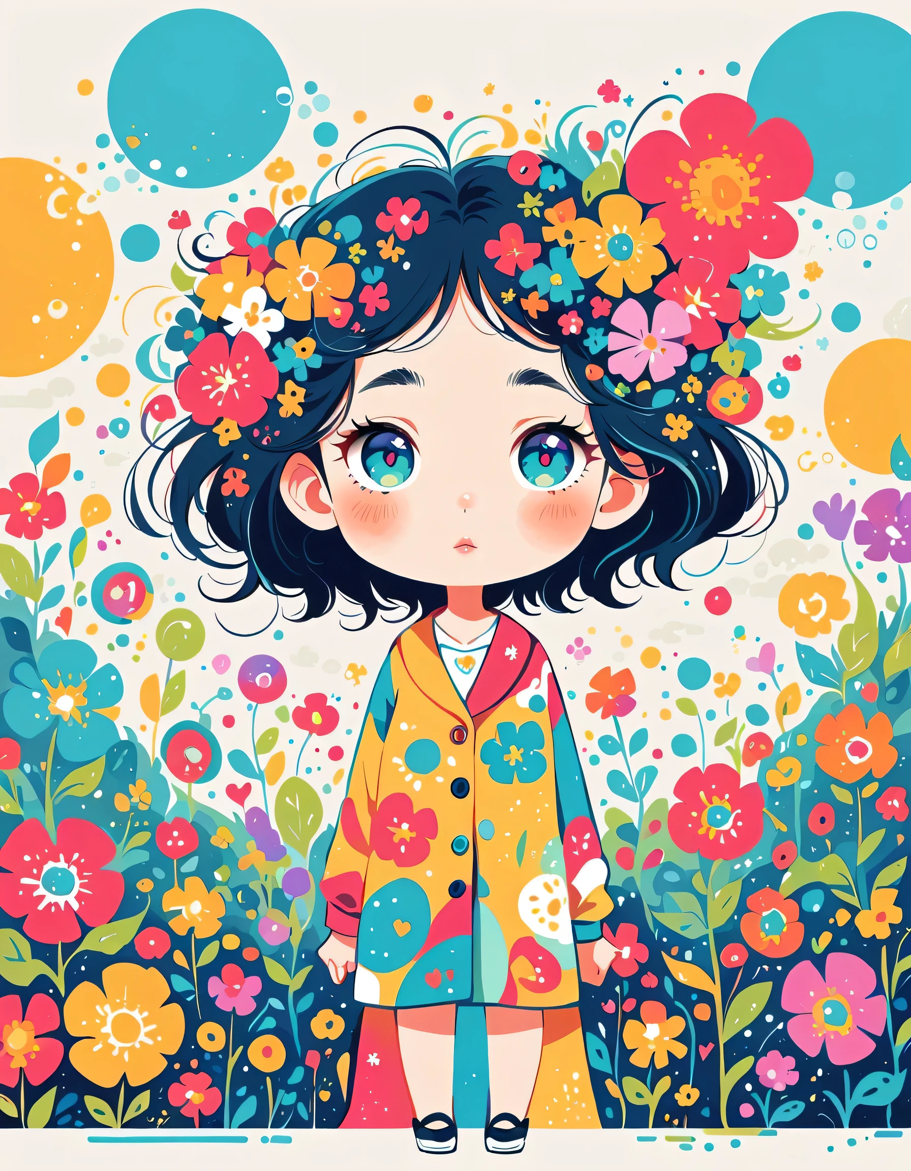Takashi Murakami style, Standing in front of a high wall,Simple Line Initialism,Abstract art,Urban Background, (((The most beautiful girl))), Lips in Love, colorful flowers