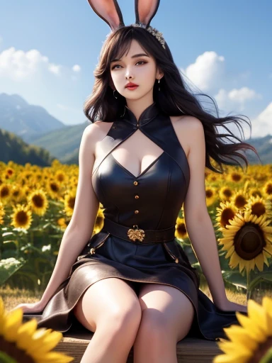 high quality digital art, Happy, red lips, long Black Hair, Long wavy hair, Bangs, straight Bangs, Brown eyes, White skin, Red nails, Perfect face, Flawless, Clean, masterpiece, (((sharp))) ((focus)) (Instagram) (8K) masterpiece, Very beautiful dress, Detailed tracking, pink accents, number, external, sunflower field, Rich lighting details, light, high quality, a number masterpiece, best quality, Very high resolution, Mountains, Windy day, sunflower petals, straw hat, Cloudy sky, sun, Wind, sunflowers, Detailed background, Large area, Rustic feel, Intricate details, glow, shiny hair, Black Hair, Loose hair, skin shiny, Dynamic atmosphere, Windblown hair, A girl,whole body, Black Hair,Rabbit ears，Short skirt，Nothing under the skirt，Sitting