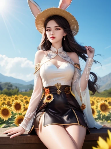 high quality digital art, Happy, red lips, long Black Hair, Long wavy hair, Bangs, straight Bangs, Brown eyes, White skin, Red nails, Perfect face, Flawless, Clean, masterpiece, (((sharp))) ((focus)) (Instagram) (8K) masterpiece, Very beautiful dress, Detailed tracking, pink accents, number, external, sunflower field, Rich lighting details, light, high quality, a number masterpiece, best quality, Very high resolution, Mountains, Windy day, sunflower petals, straw hat, Cloudy sky, sun, Wind, sunflowers, Detailed background, Large area, Rustic feel, Intricate details, glow, shiny hair, Black Hair, Loose hair, skin shiny, Dynamic atmosphere, Windblown hair, A girl,whole body, Black Hair,Rabbit ears，Short skirt，Nothing under the skirt，Sitting