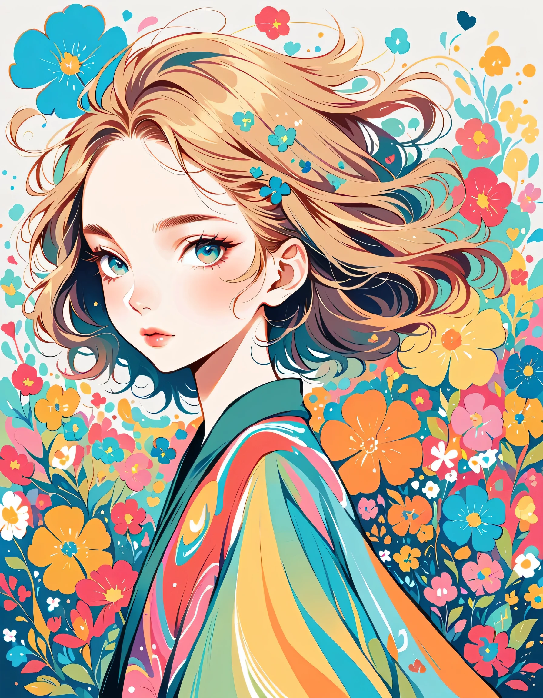 Takashi Murakami style, Standing in front of a high wall,Simple Line Initialism,Abstract art,Urban Background, (((The most beautiful girl))), Lips in Love, colorful flowers