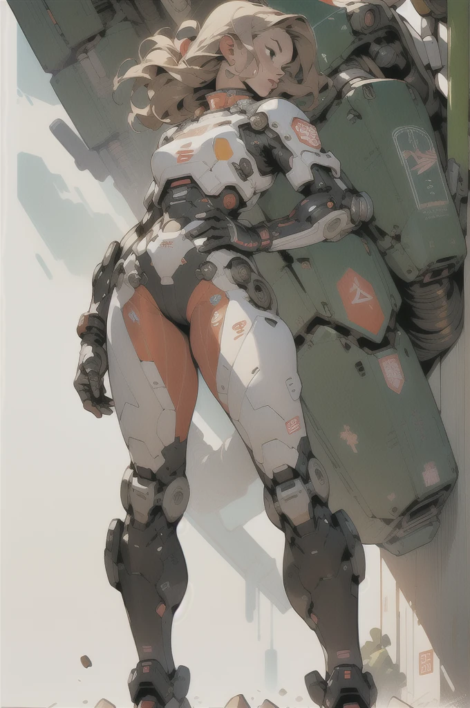 ((Best quality)), ((masterpiece)), (detailed: 1.4), (Absurd), (((full body)), (((woman))), 35-year-old woman, Beautiful muscular woman, giant robot pilot, wild with perfect body, wearing little clothing, tiny thong, clothing with Japanese graphic patterns, halftone pattern and vertical stripes, earth tone, coming out of the body of a giant robot