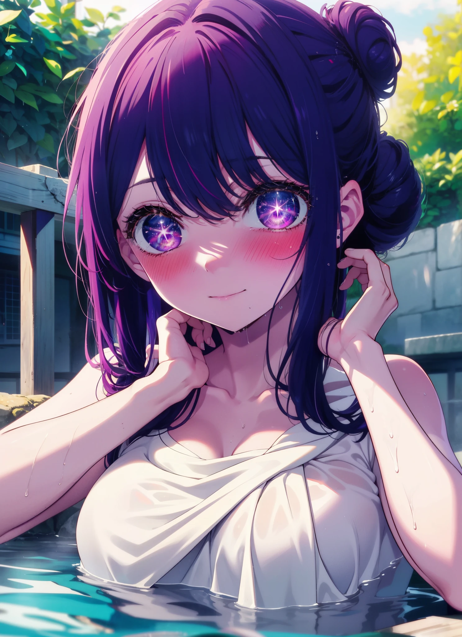 aihoshino, Ai Hoshino, Long Hair, bangs, (Purple eyes:1.1), Purple Hair, smile,Big Breasts,Naked Towel,Hair Bun, single Hair Bun,
blush,smile, Wet Hair,Wet towel,Wet Naked,Open your mouth,Damp Hair,Completely naked,barefoot,Cover 1&#39;Naked body wrapped in a bath towel,moon光,night,moon,whole bodyがイラストに入るように,Open-air bathから白い煙ががでている,hot water,
break outdoors, Open-air bath,
break looking at viewer, whole body,
break (masterpiece:1.2), highest quality, High resolution, unity 8k wallpaper, (shape:0.8), (Beautiful details:1.6), Highly detailed face, Perfect lighting, Extremely detailed CG, (Perfect hands, Perfect Anatomy),