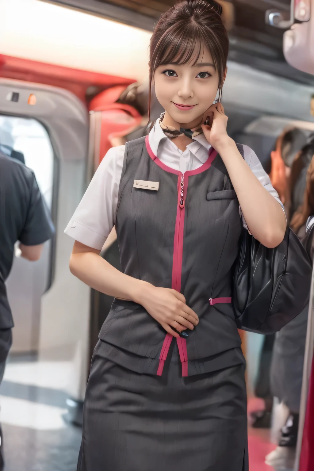 (masterpiece:1.2, highest quality:1.2), 32K HDR, High resolution, (alone、1 girl)、(At the station platform、Professional Lighting)、Background of an empty station platform、(Realistic style of JR Gran Class crew wearing uniform)、Short sleeve blouse、a scarf around the neck、(JR Gran Class flight attendant uniform with pink parts on the skirt sleeves)、(JR Gran Class flight attendant uniform with pink line on front zipper of vest)、Dark brown hair、(Hair tied up、Hair Bun、Hair Bun)、Dark brown hair、Long Shot、Big Breasts、((Great hands:2.0)),((Harmonious body proportions:1.5)),((Normal limbs:2.0)),((Normal finger:2.0)),((Delicate eyes:2.0)),((Normal eyes:2.0)))、Luxury Necklace、smile、Beautiful standing posture,Place your hands around your stomach