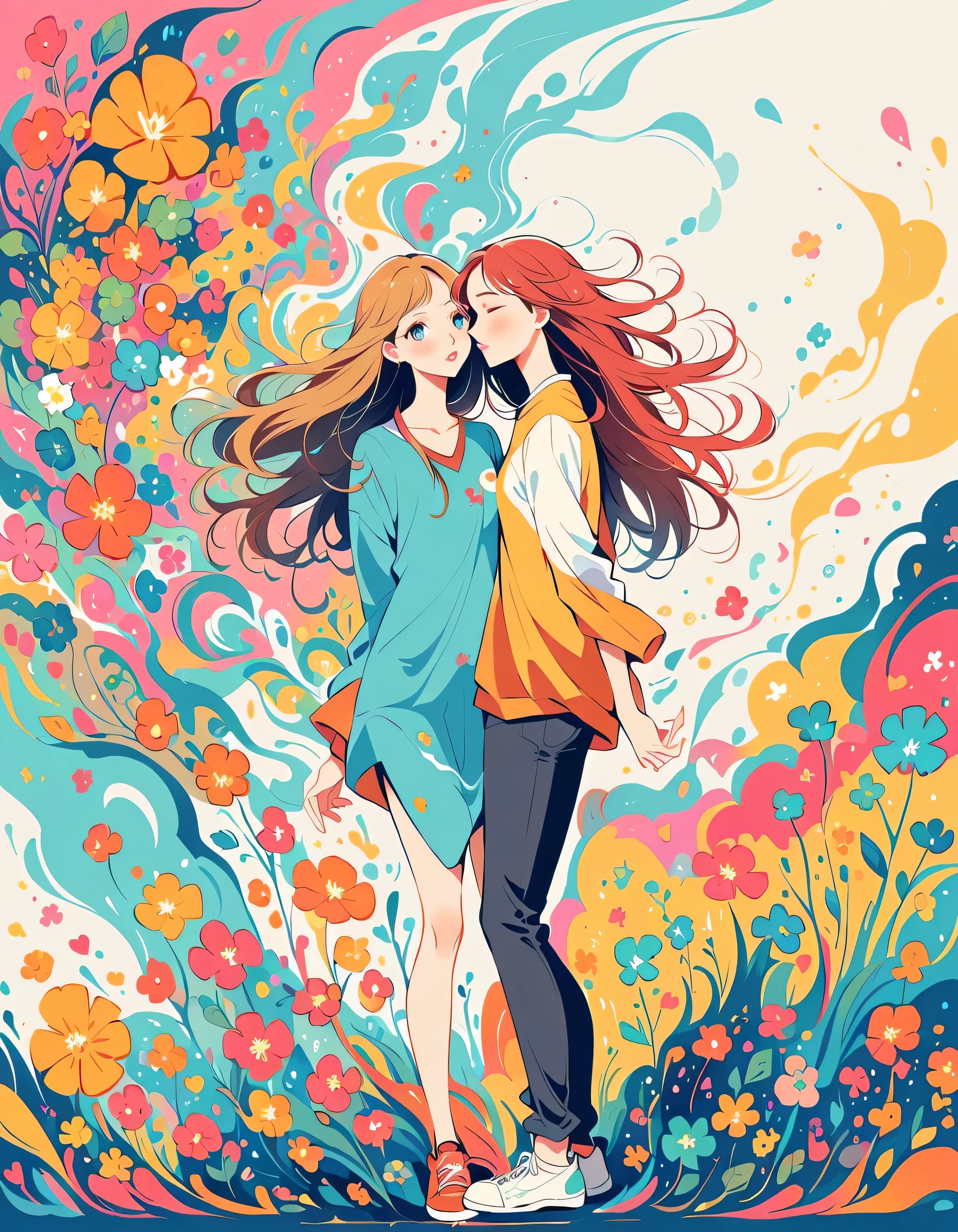 Takashi Murakami style, Standing in front of a high wall,Simple Line Initialism,Abstract art,Urban Background, (((The most beautiful girl))), Lips in Love, colorful flowers