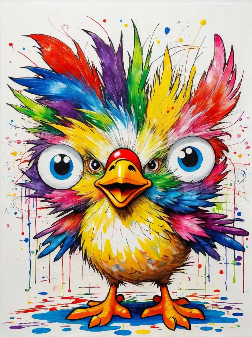 Drawing by Takashi Murakami and Peter 5 year olds scribble drawing of chicken, messy, crayons on white construction paper, not good, full body drawiing, unfinished, 4K, octane render