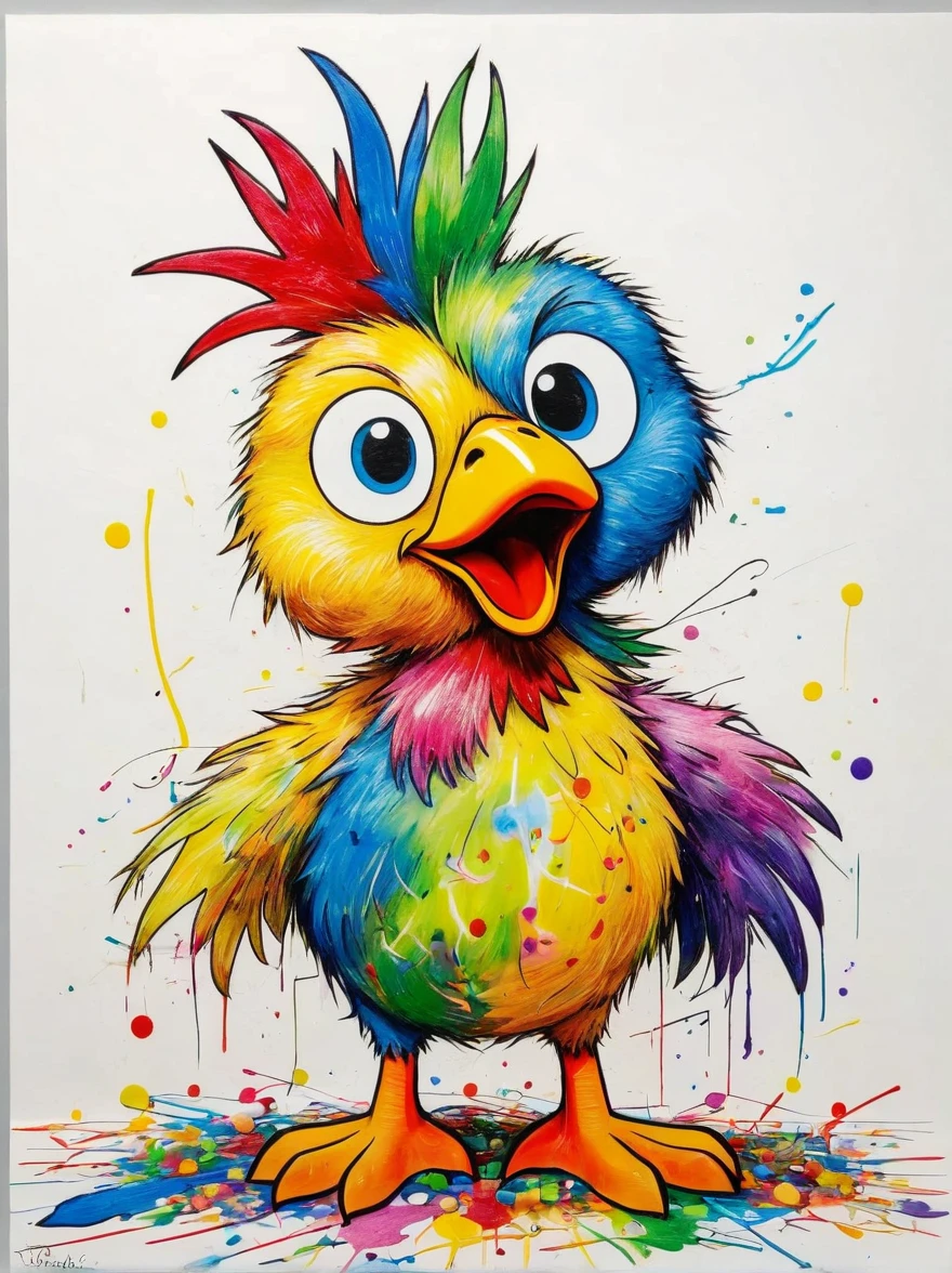 Drawing by Takashi Murakami and Peter 5 year olds scribble drawing of chicken, messy, crayons on white construction paper, not good, full body drawiing, unfinished, 4K, octane render