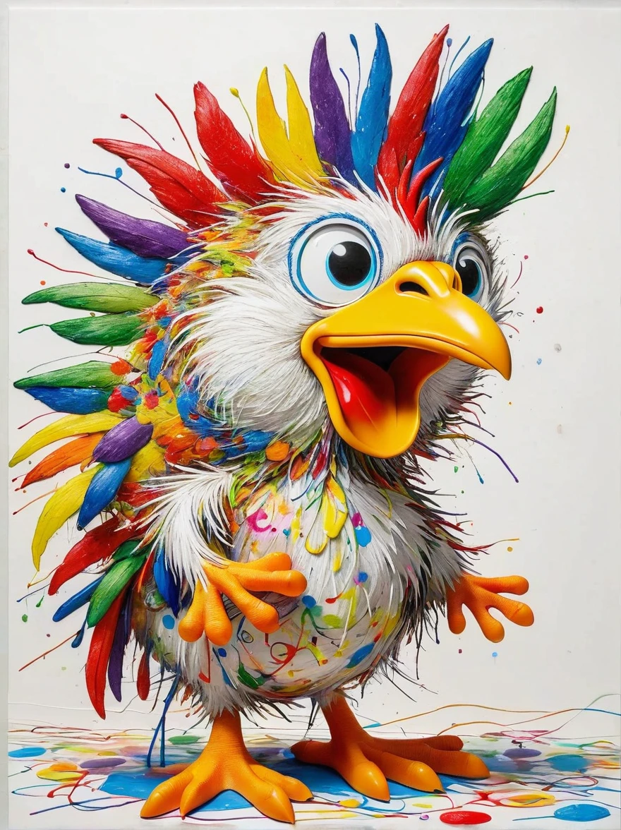Drawing by Takashi Murakami and Peter 5 year olds scribble drawing of chicken, messy, crayons on white construction paper, not good, full body drawiing, unfinished, 4K, octane render