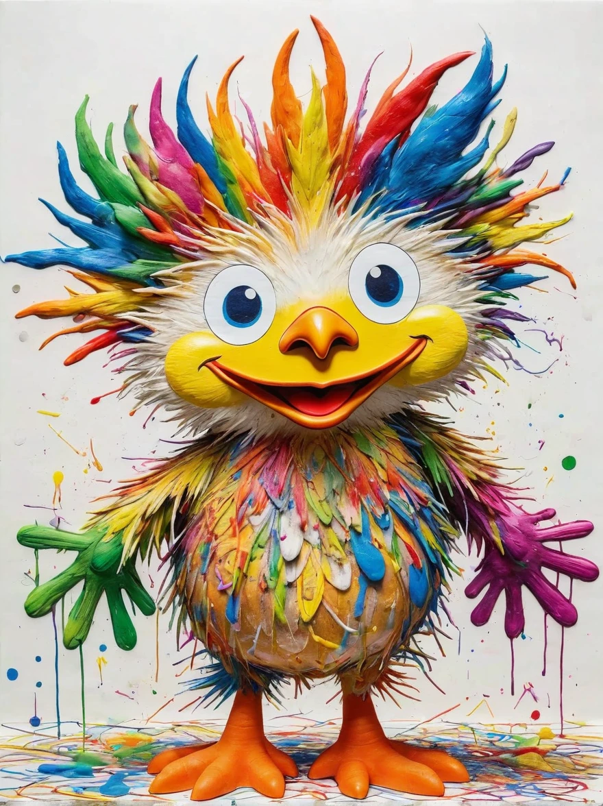 Drawing by Takashi Murakami and Peter 5 year olds scribble drawing of chicken, messy, crayons on white construction paper, not good, full body drawiing, unfinished, 4K, octane render