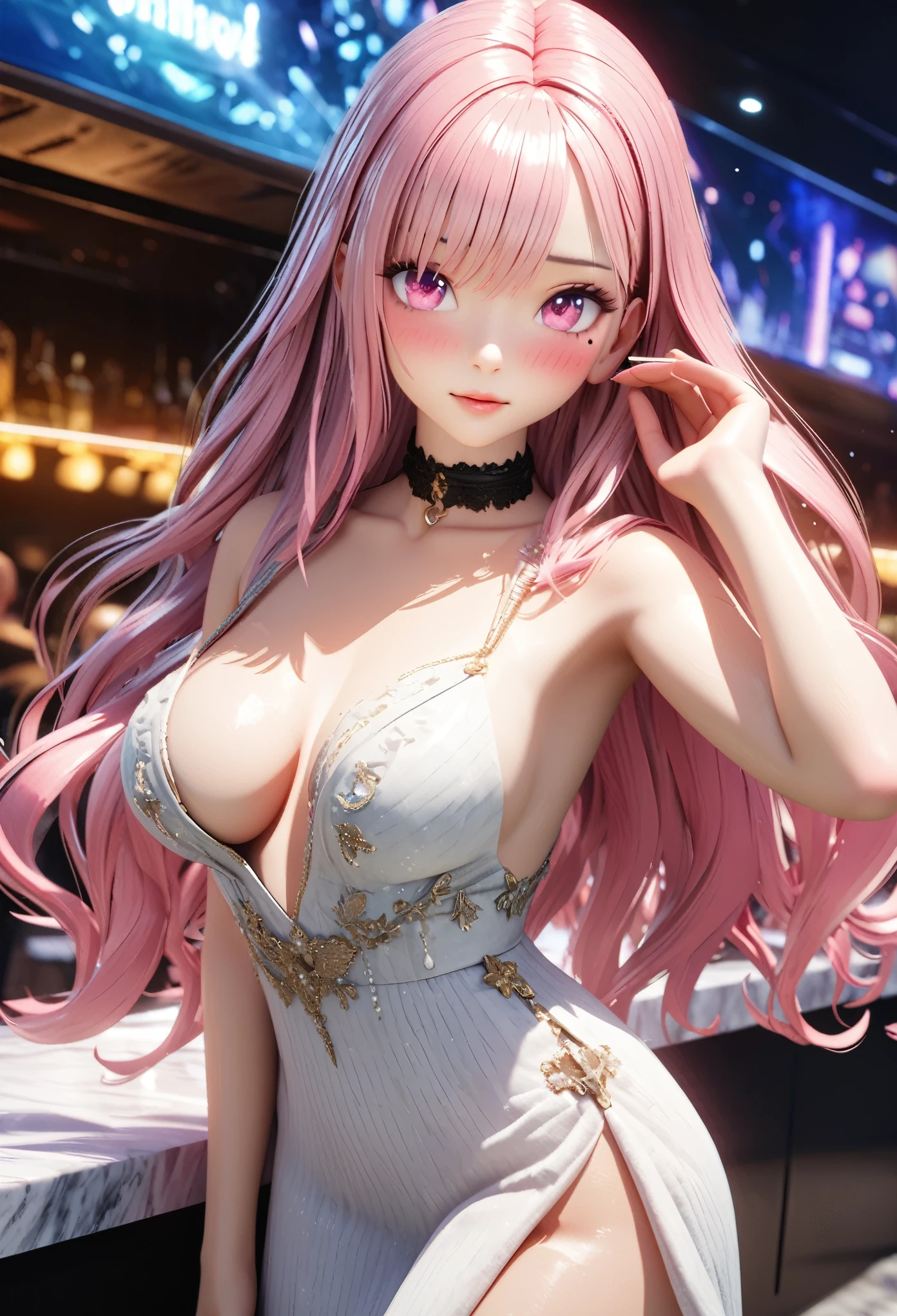 masterpiece, best quality, very detailed, high resolution, expensive resolution, high resolution, 4K, 8k, Unity 8k wallpaper, highly detailed CG, masterpiece, 2D, 3D, beautiful details, depth, fine texture, best quality: 1.3, perfectly focused, crispy skin, him,
very cute anime girl, sexy dress, big breasts, expensive pink medium long hair, one girl, night bar, mole under eye, look at the viewer, expensive, blush, mole, lips parted,, heart, pink eyes, choker