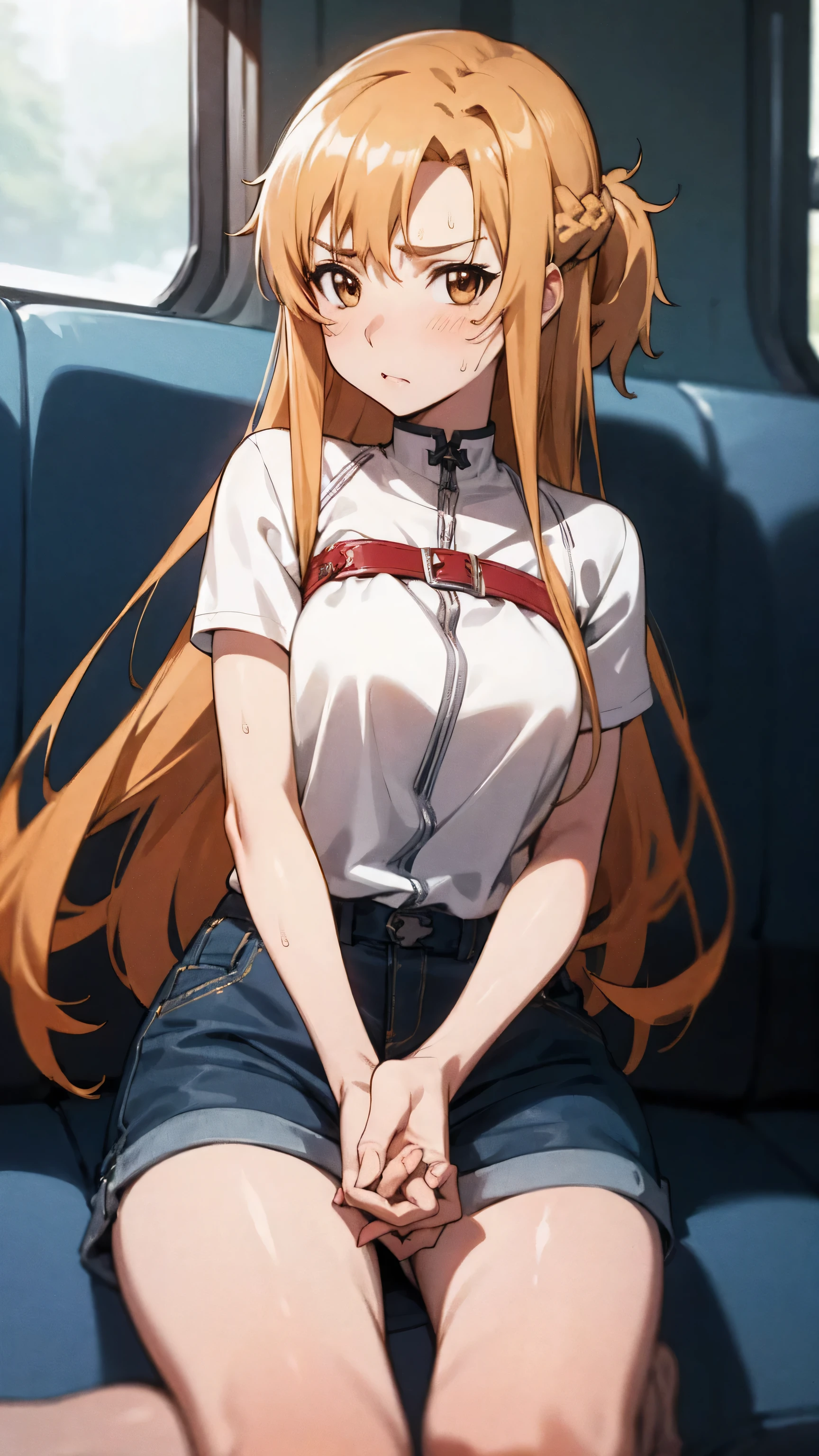 NSFW,upskirt,white shirt,denim’s very short tight skirt , embarrassed,white lace panties,sitting train seat  ,looking at viewer, NSFW,crotch grab,
kneeling,sweat ,
Asuna yuuki ,Asuna Yuuki(Sword Art Online), 
long bronze hair,Braid,brown eyes,fine eyes,roll forward,
break masterpiece ,8k unity wallpaper,anime key visual,highest quality, High resolution, unity 8k wallpaper, (shape:0.8),anime coloring,highly detailed face, detailed eyes,growing eyes,shiny skin,fine skin,white skin,dense skin,detailed hair,highly detailed legs,perfect lighting, Detailed CG, (perfect hands, perfect anatomy),High resolution,(Detailed wear ),slender limbs, delicate curves, dainty hands,figure:0.8,