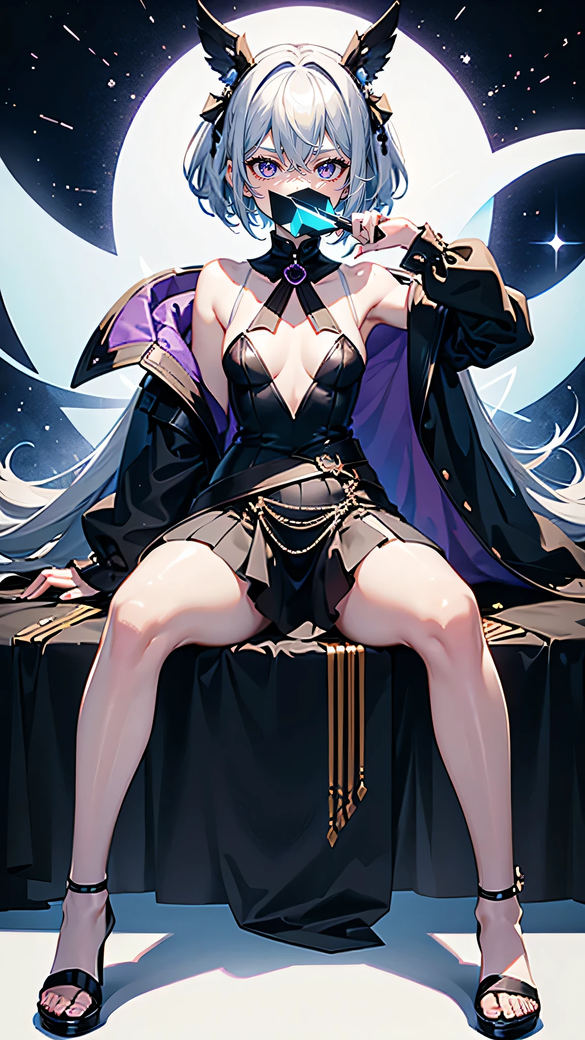 masterpiece(1.2),Best quality(1.4),Ultra-high resolution(1.4),Super rich detail(1.4),High-quality characters(1.3),High contrast(1.2),Exquisite facial features(1.2),4k(1.2),8k(1.2),Detailed light and shadow(1.2),Cool light source(1.3),Close to medium distance(1.3),Full body picture(1.4),Bottom view(1.3),Half side(1.2),Professional composition framework and techniques(1.2),Cool handsome type(1.4),Cool killer style(1.4),Sharp eyes(1.3),No Expression(1.2),Fluttered(1.1),Thin body and legs(1.4),Small breasts(1.3),White and Purple Gradient Hair(1.3),black stripe dye(1.2),Charming medium-length hair(1.3),Hair accessories(1.3),{White short sleeve|Purple short sleeve|black short sleeve}(1.3),Belly tight transparent black stockings(1.3),{Purple pleated skirt|White pleated skirt|Black pleated skirt|Gray pleated skirt}(1.4),A short knife hung on the belt(1.2),{Black pantyhose|White pantyhose|Light Purple Tights}(1.4),A short sword and dagger hung between the legs(1.1),Leg band leg ring(1.2),Exquisite silver jewelry(1.3),Decoration(1.3),Long glove(1.1),Short transparent outerwear coat(1.3),Long cape(1.1),Soaked whole body(1.2),earring(1.2),Handmade(1.2),Evening under the moon(1.2),Endless urban background(1.3),Falling reflective glass fragments(1.3),Falling playing cards(1.3),One hand raised or one hand on waist(1.3),Holding a card and showing armpits(1.2),{Legs open|Legs closed|Legs stepping}(1.4),silver(1.2),White(1.2),Purple(1.2),black(1.2),Dark colored wings(1.2),{Standing|Squat|sit down|Lie down|Get Down|Kneel down|Prone|Supine},
