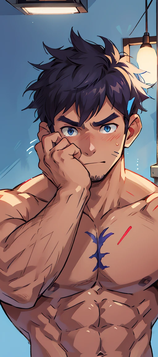 （masterpiece，best quality，H），1 person，nude男孩，Very shy，My face turned red，Shy，muscular，Delicateeyes，nude，(nude)，blue eyes，Shirtless，upper body body，Blue purple short hair，（fluorescent lamp），（a color），（（Blue Background））