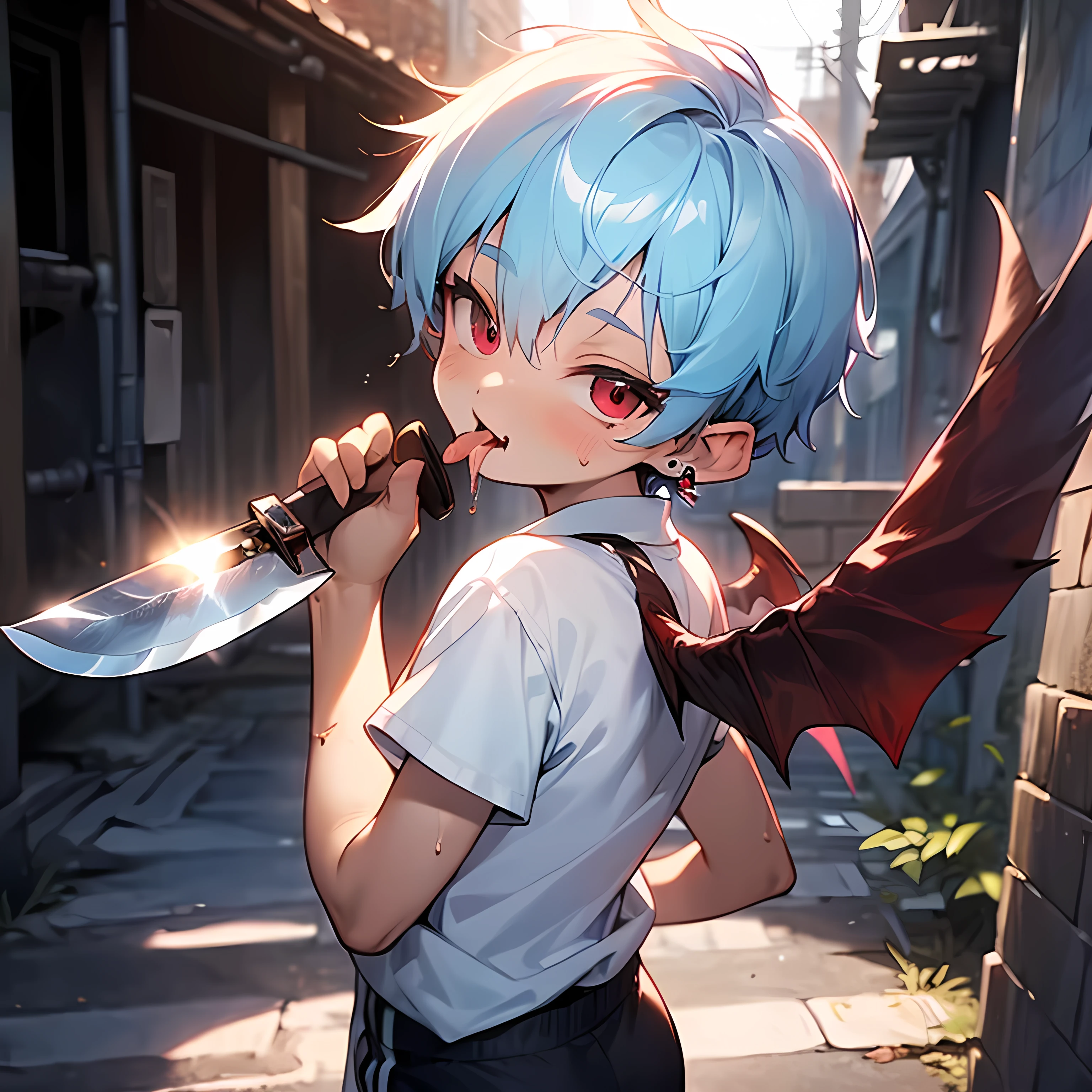 (boldline:-1.6), (arched back:1.3), (((fang))), (holding knife:1.5), (licking knife:1.5), BREAK (with devil wings on back:1.7), BREAK (best quality:1.5), (absolutely resolution:1.5), (ultra detailed:1.5), (masterpiece:1.5), (perfect face:1.5), (detailed face:1.3), (detailed eyes:1.5), (cute face), (shota:1.7), BREAK (white collard shirts), BREAK (wine red necktie), (black short pants), (see throgh wet clothes), (bulge:1.5), (skinny:1.3), (spiked hair), BREAK (light blue hair:1.5), (wine red eyes:1.4), (half close eyes:1.3), (eyes with high light), ((mole under eye)), (sweaty skin), (chuckling:1.3), (open mouth), (blush:1.2), ((earrings)), (shiny skin:1.3), BREAK (dirty alley:1.5), (((dust box))), (flying bat:1.3), (at night:1.5), ((wind blowing)), (nipple), wide angle, look down, look at viewer, upper body,