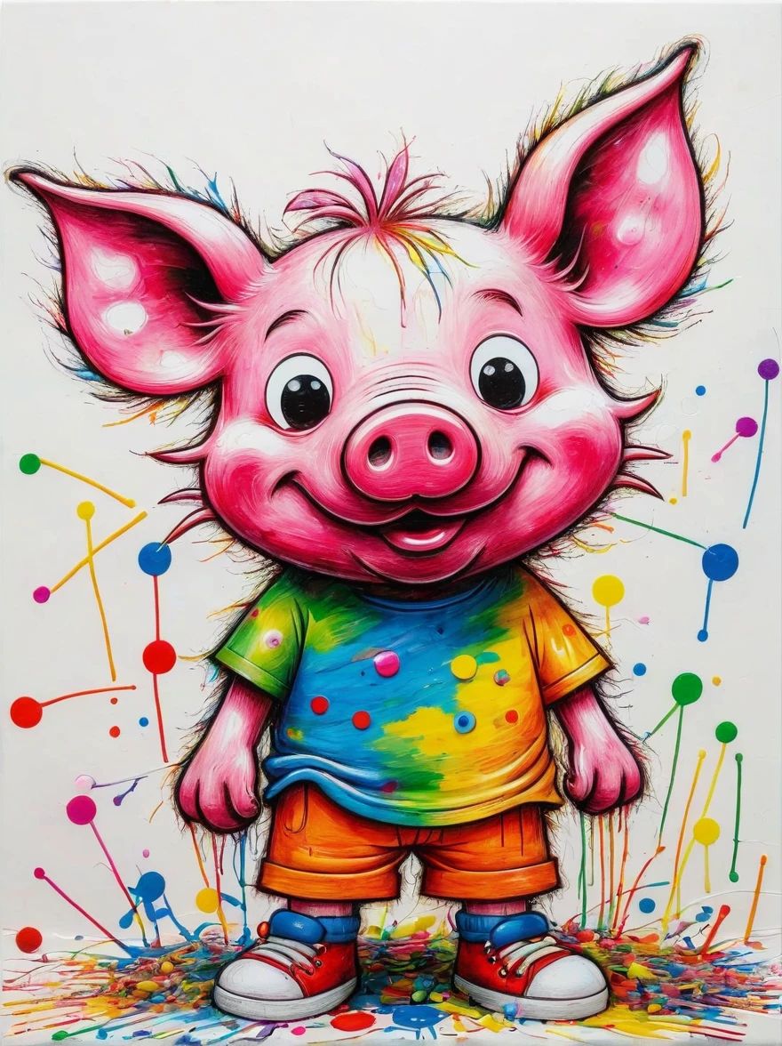 Drawing by Takashi Murakami and Peter 5  scribble drawing of pig, messy, crayons on white construction paper, not good, full body drawiing, unfinished, 4K, octane render