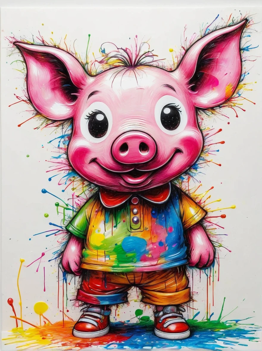Drawing by Takashi Murakami and Peter 5 year olds scribble drawing of pig, messy, crayons on white construction paper, not good, full body drawiing, unfinished, 4K, octane render