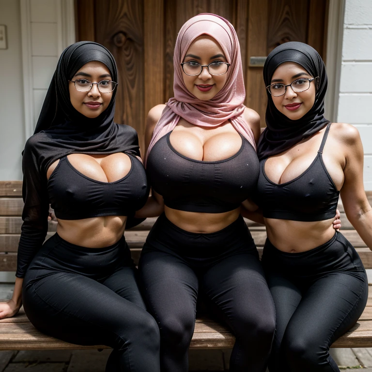 (3girls:1.2), three  mature hourglass figure 55 years old  hijabi muslim teachers, wearing sports bra, fitted long leggings, (glasses)

((hijabs, a wedding veils)), both same height, both same body proportions, (cleavage), (SFW), looking at viewer, curvy body shape, both in  (fitted long leggings), smirk, red lips

(portrait), (closely sit side by side on a used wooden bench), spread their legs showcasing their body to viewer, in a empty alley
masterpiece, best quality, 4k, UHD, retina, masterpiece, ccurate, anatomically correct, textured skin, super detail, high details, high quality, award winning, best quality, highres