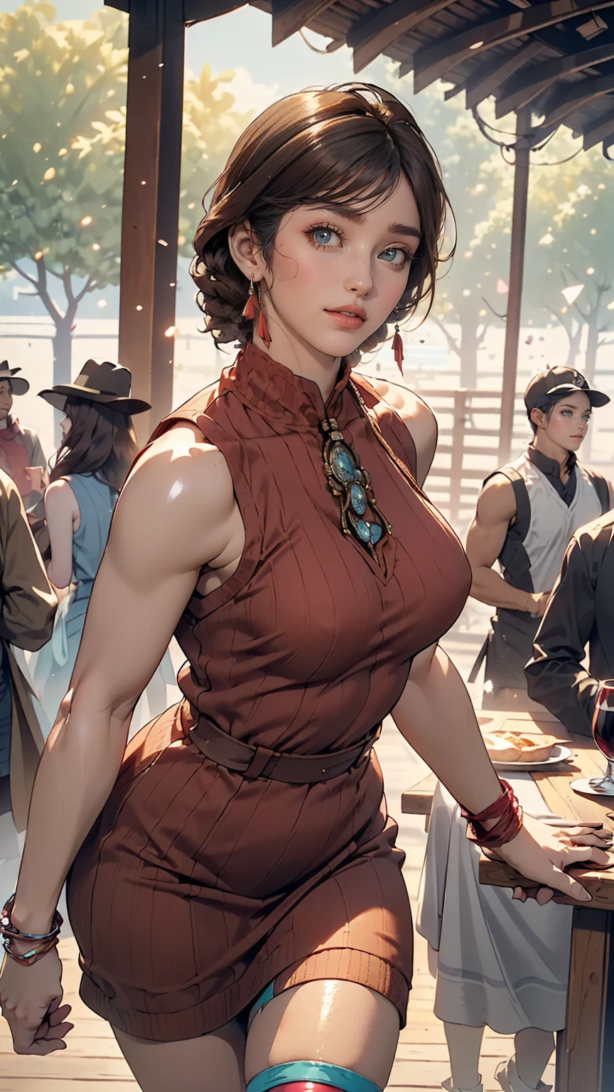 ((((highest quality))))、(((Ultra-precision CG16K wallpaper)))、(((masterpiece)))、(((Very detailed)))、(((Extremely detailed)))、((１29 year old mature woman:1.6))、((とてもbeautiful日本人の顔))、((Zuo々Nozomi:1.5))、((Straight medium hair、Blunt bangs:1.5))、((Shiny brown hair:1.5))、beautiful delicate eyes、Brown eyes、eyeliner、eye shadow、High nose、Small nostrils、Small Mouth、Seductive lips、beautiful breasts、((C cup size breasts))、beautiful feet、eight-headed body、Perfect balance、Perfect Anatomy、Perfect composition、beautiful detailed shading、beautiful, Natural light、beautiful detail glow、Written boundary depth、(((High chroma)))、(((Genuine:1.9)))、((Vivid:1.5))、((beautiful Skin))、((Skin Texture))、((Genuineな皮膚感))、(((Cowboy Shot:1.6)))、((Front view、Shoot from the front、Front Low Angle:1.6))、(((smile:1.5)))、((Women are watching this、View Viewer、Look forward:1.6))、Bright sunlight、Natural light、(((Glass Square、wood:1.3)))、(Walking pose:1.6)、(((Wine red high neck sleeveless ribbed knit dress:1.6)))、((head band、Wear earrings:1.3))、((Knee socks clothing:1.3))、