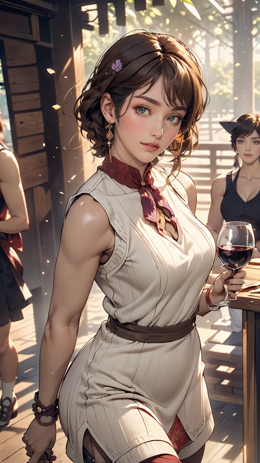 ((((highest quality))))、(((Ultra-precision CG16K wallpaper)))、(((masterpiece)))、(((Very detailed)))、(((Extremely detailed)))、((１29 year old mature woman:1.6))、((とてもbeautiful日本人の顔))、((Zuo々Nozomi:1.5))、((Straight medium hair、Blunt bangs:1.5))、((Shiny brown hair:1.5))、beautiful delicate eyes、Brown eyes、eyeliner、eye shadow、High nose、Small nostrils、Small Mouth、Seductive lips、beautiful breasts、((C cup size breasts))、beautiful feet、eight-headed body、Perfect balance、Perfect Anatomy、Perfect composition、beautiful detailed shading、beautiful, Natural light、beautiful detail glow、Written boundary depth、(((High chroma)))、(((Genuine:1.9)))、((Vivid:1.5))、((beautiful Skin))、((Skin Texture))、((Genuineな皮膚感))、(((Cowboy Shot:1.6)))、((Front view、Shoot from the front、Front Low Angle:1.6))、(((smile:1.5)))、((Women are watching this、View Viewer、Look forward:1.6))、Bright sunlight、Natural light、(((Glass Square、wood:1.3)))、(Walking pose:1.6)、(((Wine red high neck sleeveless ribbed knit dress:1.6)))、((head band、Wear earrings:1.3))、((Knee socks clothing:1.3))、