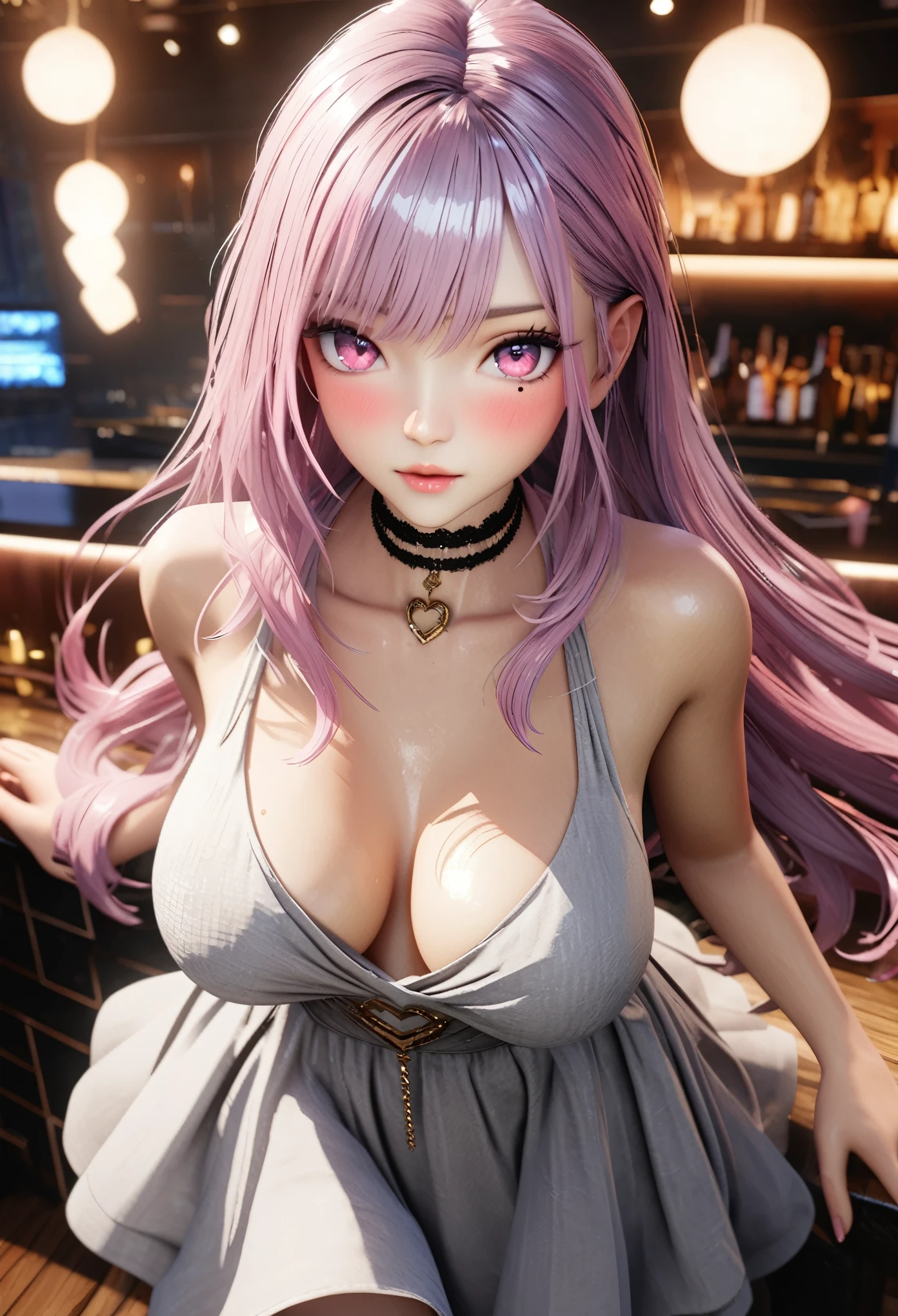 masterpiece, best quality, very detailed, high resolution, expensive resolution, high resolution, 4K, 8k, Unity 8k wallpaper, highly detailed CG, masterpiece, 2D, 3D, beautiful details, depth, fine texture, best quality: 1.3, perfectly focused, crispy skin, him,
very cute anime girl, sexy dress, big breasts, expensive pink medium long hair, one girl, night bar, mole under eye, look at the viewer, expensive, blush, mole, lips parted,, heart, pink eyes, choker