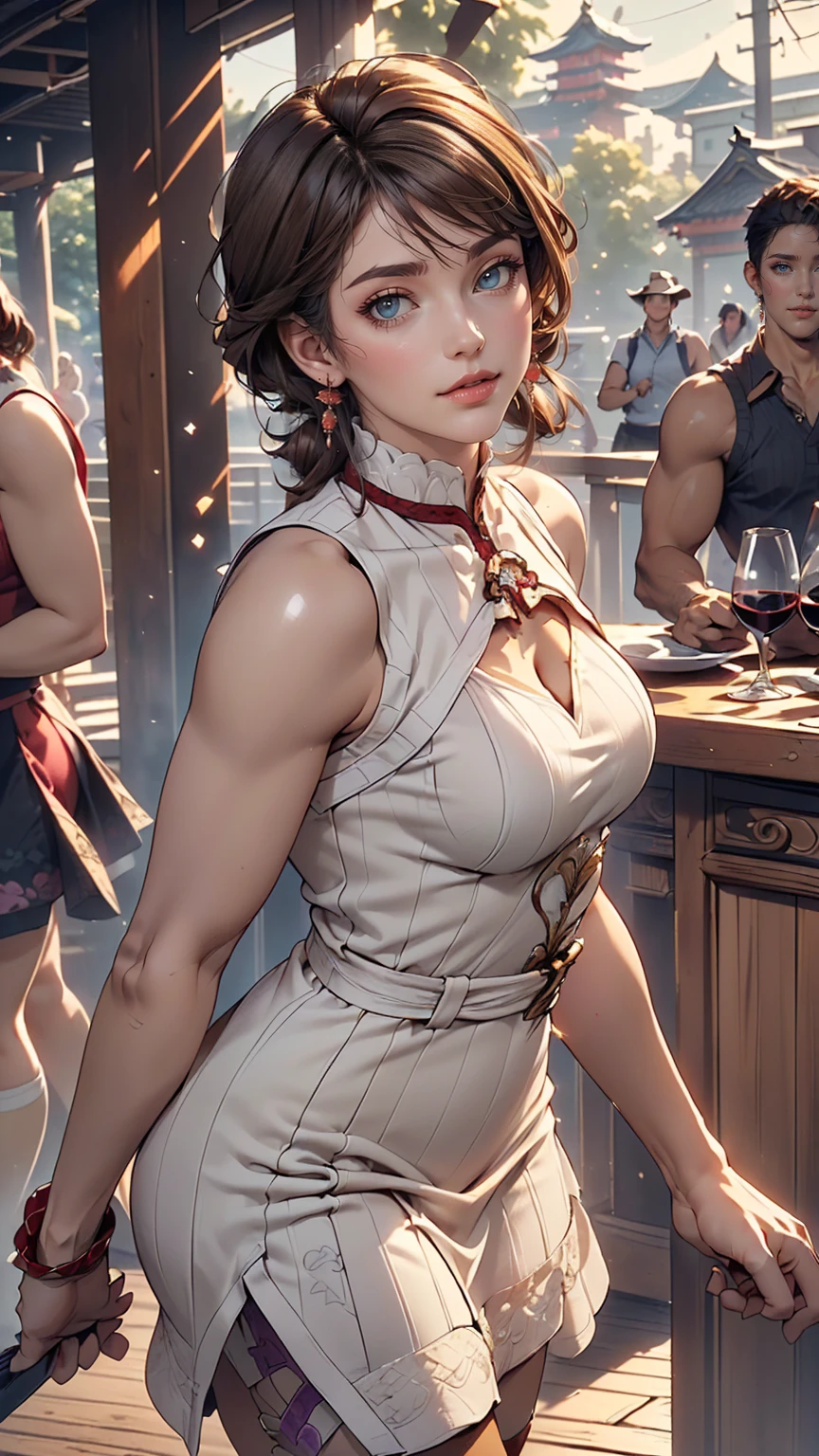 ((((highest quality))))、(((Ultra-precision CG16K wallpaper)))、(((masterpiece)))、(((Very detailed)))、(((Extremely detailed)))、((１29 year old mature woman:1.6))、((とてもbeautiful日本人の顔))、((Zuo々Nozomi:1.5))、((Straight medium hair、Blunt bangs:1.5))、((Shiny brown hair:1.5))、beautiful delicate eyes、Brown eyes、eyeliner、eye shadow、High nose、Small nostrils、Small Mouth、Seductive lips、beautiful breasts、((C cup size breasts))、beautiful feet、eight-headed body、Perfect balance、Perfect Anatomy、Perfect composition、beautiful detailed shading、beautiful, Natural light、beautiful detail glow、Written boundary depth、(((High chroma)))、(((Genuine:1.9)))、((Vivid:1.5))、((beautiful Skin))、((Skin Texture))、((Genuineな皮膚感))、(((Cowboy Shot:1.6)))、((Front view、Shoot from the front、Front Low Angle:1.6))、(((smile:1.5)))、((Women are watching this、View Viewer、Look forward:1.6))、Bright sunlight、Natural light、(((Glass Square、wood:1.3)))、(Walking pose:1.6)、(((Wine red high neck sleeveless ribbed knit dress:1.6)))、((head band、Wear earrings:1.3))、((Knee socks clothing:1.3))、