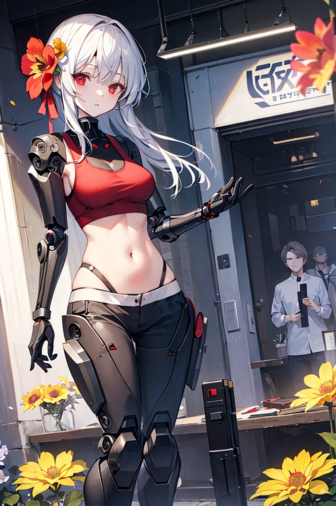 (((Flower Personification,cybernetics))),woman,Red eyes,Tank top,Wide-leg trousers,camouflage