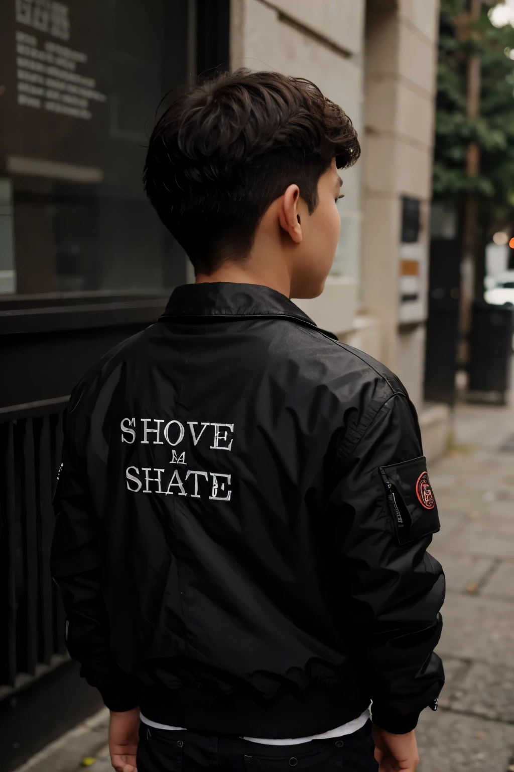 A boy showing his back and wearing a black jacket written SP on it
